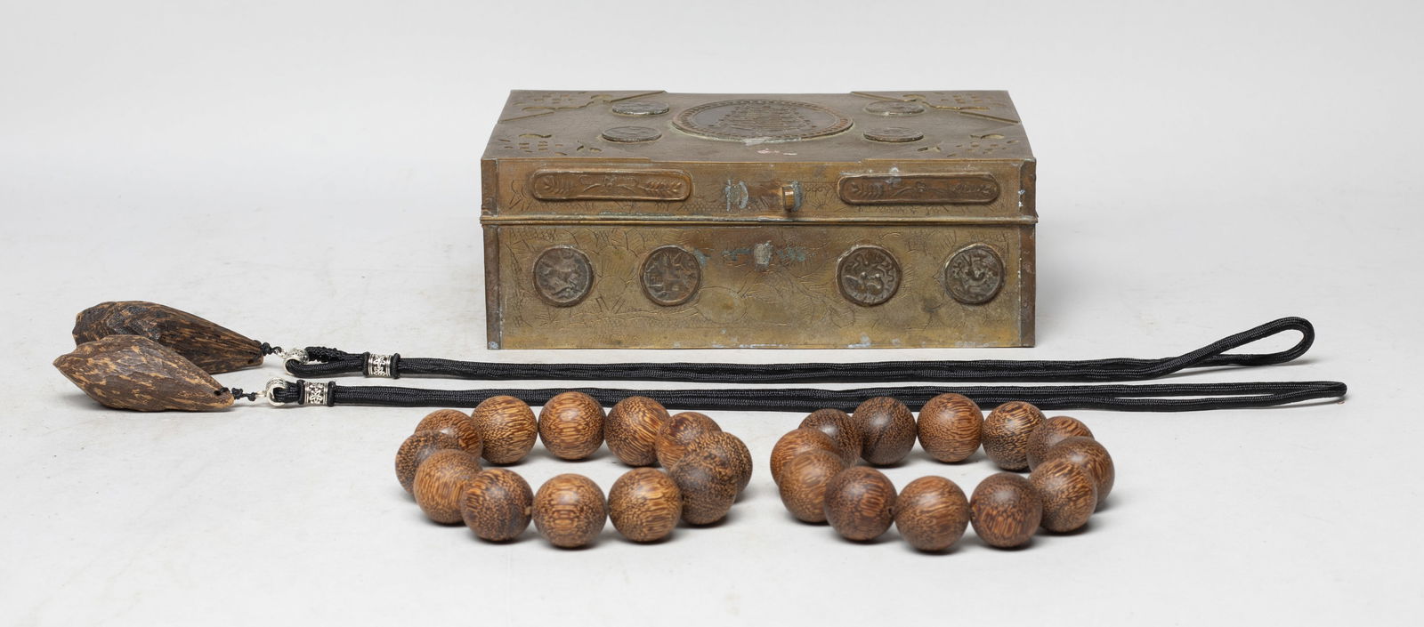 Asian/ Chinese Export Agarwood Prayer Beads: Including two strings of agarwood prayer beads, and two agarwood nuggets with necklaces, slightly fragrant, with box. Approx. 128 gram (total wood weight), 2.3*1*0.9 inch (largest nugget).