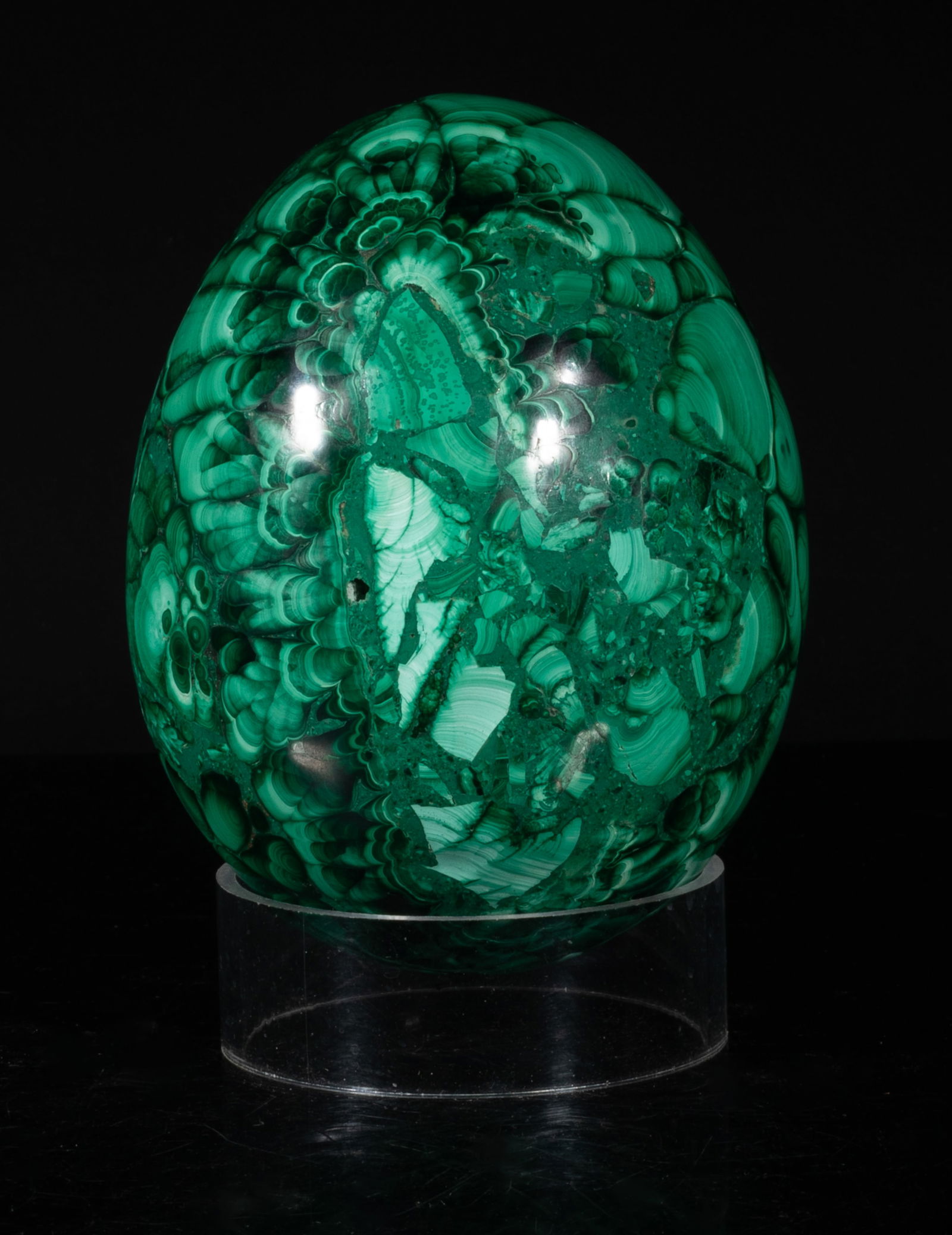 Large France Malachite Egg Sculpture: Large heavy French type malachite egg table sculpture, the surface finely smoothed and polished, with an acrylic stand. Approx. 5*3.8 inch (w/o stand).