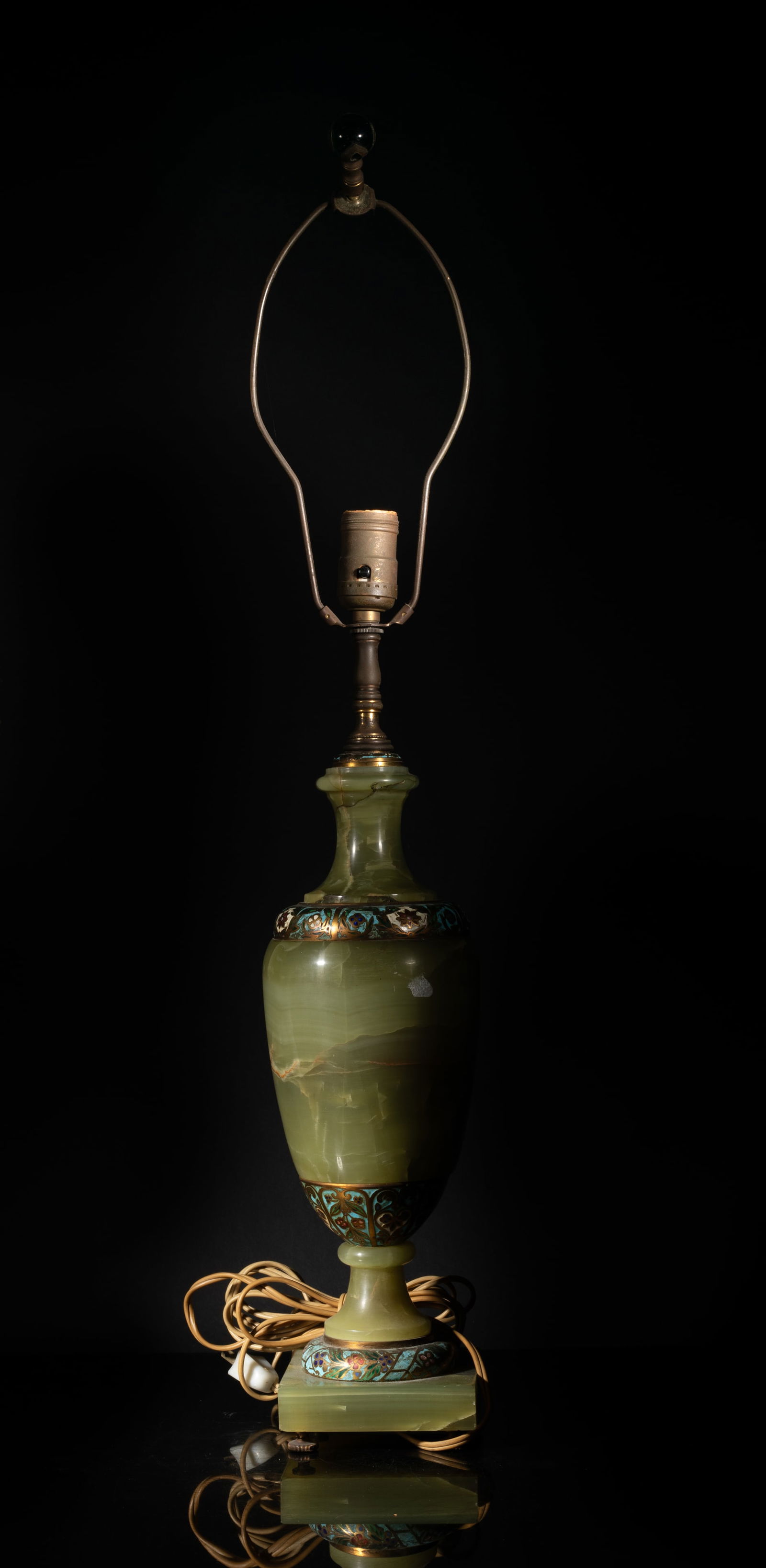 Antique France Closionne & Marble Tall Lamp: Collectible tall French style marble and cloisonne lamp, enameled with foliage motif on blue background. Approx. 20.5*4.5 inch.