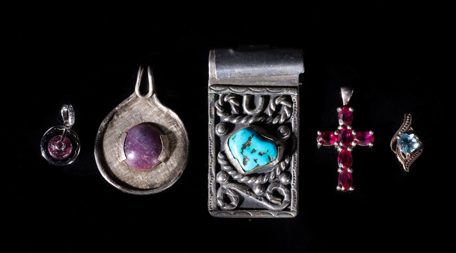 Vintage Sterling Silver, Turquoise, Stone Pendants: Set of five vintage sterling silver pendants, inlaid with turquoise, ruby, tourmaline, or topaz, wherein three pieces marked 925. Approx. 26.7 gram (total weight), 1.95*1 inch (largest).