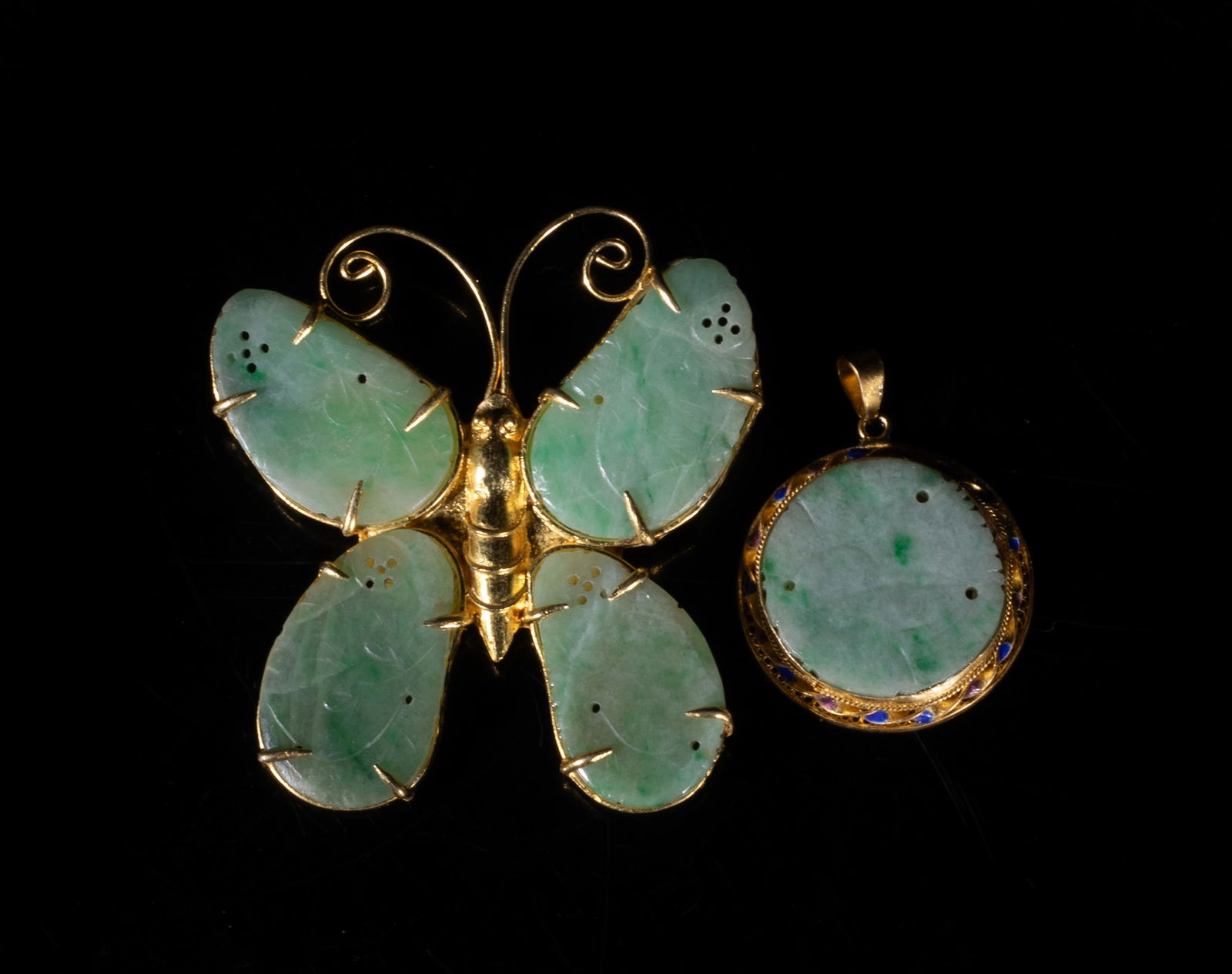 Chinese Jade Jadeite, Gold on Sterling Brooch: Chinese gold on sterling silver brooch and pendant, inlaid with jade jadeite, the brooch of butterfly form. Approx. 2*1.8 inch (brooch size).