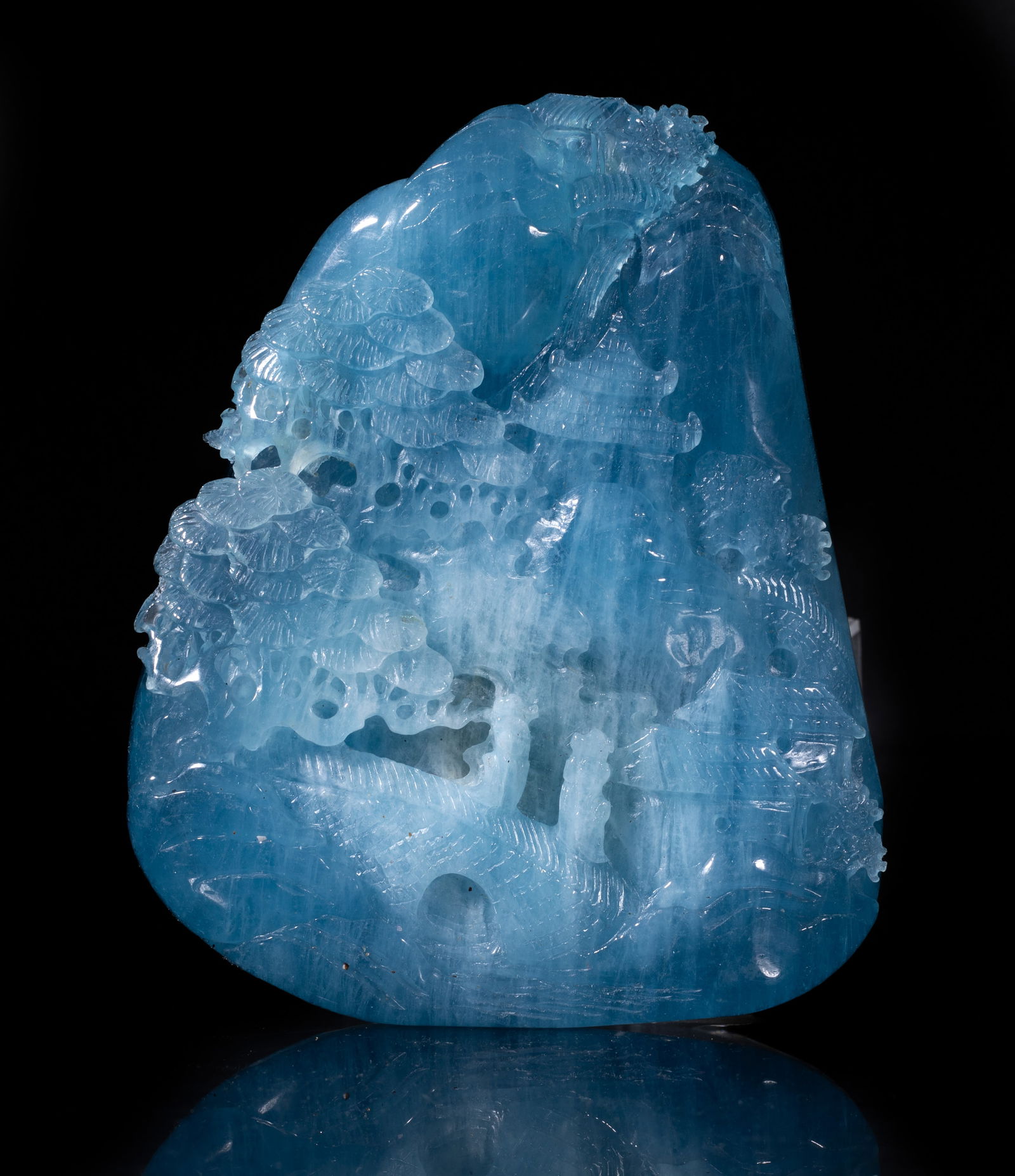 Large Chinese Vintage Aquamarine Table Sculpture: Of irregular form deeply undercut to depict sage and attendant walking along ascending pathways that wrap around a faceted hillside with gnarled pine trees and pavilions. Approx. 4.8*3.9*1.1 inch.