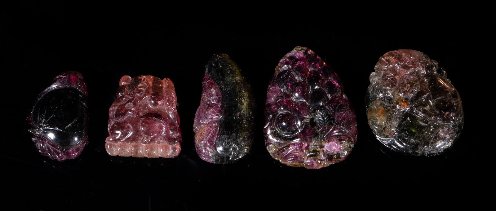 Set Chinese Watermelon Tourmaline Pendants: Set of five Chinese watermelon tourmaline pendants, peach, grape & bat, gourd & bat, or beast & lingzhi & coin. Approx. 38 gram (total weight), 1.33*0.94 inch (largest).