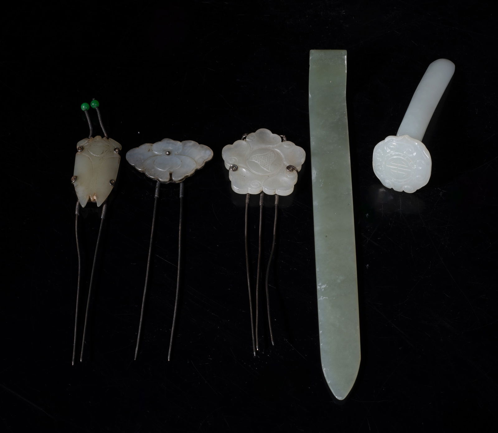 Set Chinese Sterling Silver, Jade Hairpins: Including three Chinese sterling silver hairpins, inlaid with jade and carved of flower or cicada form, and two jade carved hairpins, each top incised with traditional motif. Approx. 7*0.7 inch