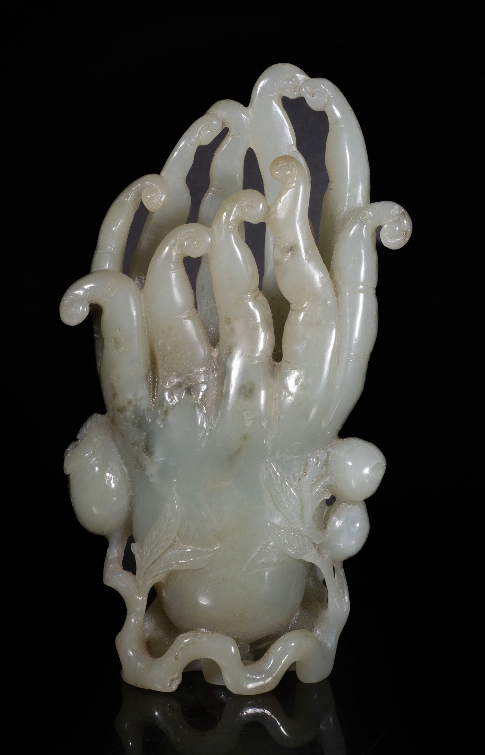 Tall Chinese Jade Carved Vase: Naturalistically worked as a large finger citron, with elongated thick tendrils with curled ends, a lingzhi extending from gap, all issuing from an openwork of gnarled branches bearing tiny peaches