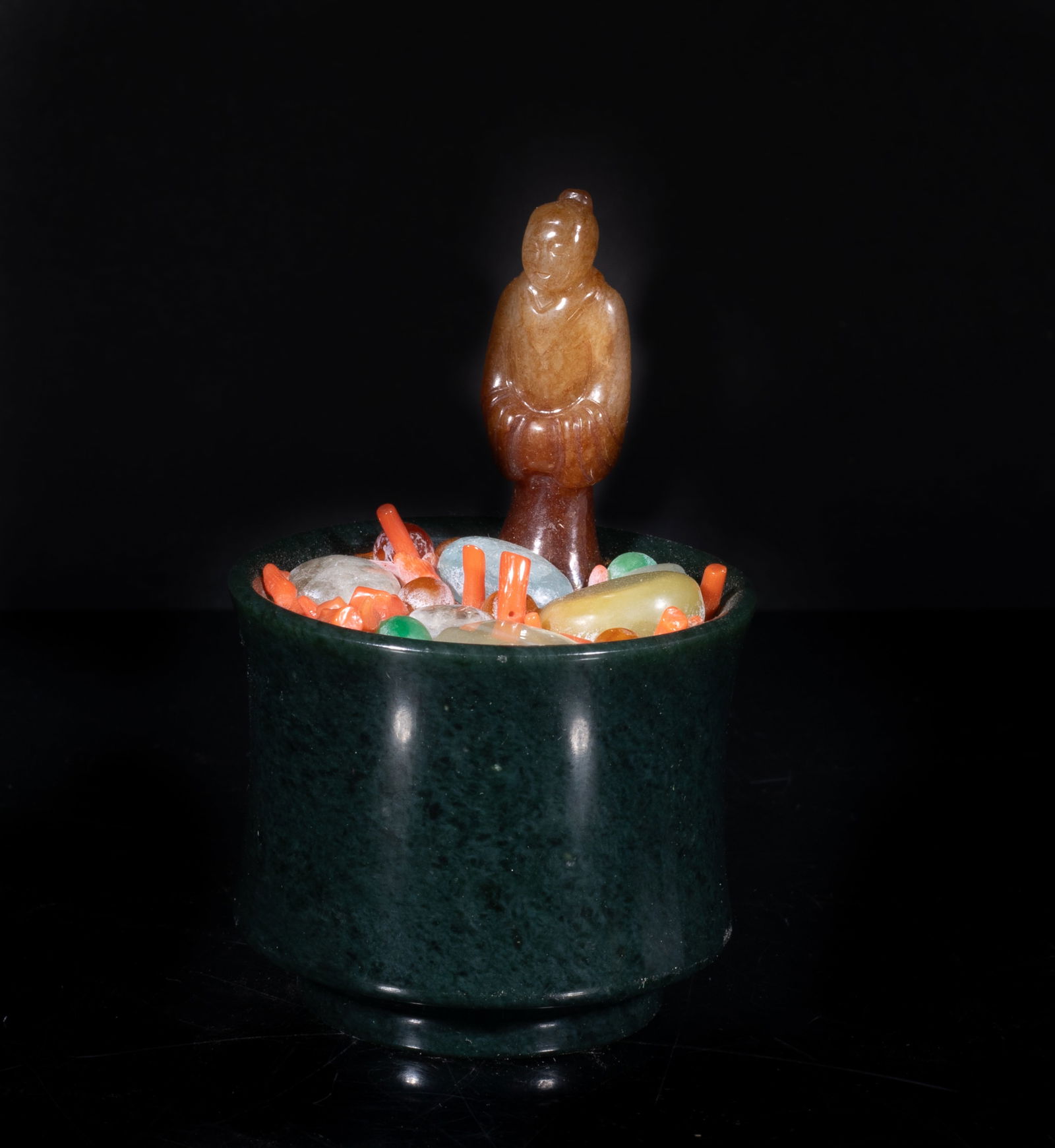 Estate Chinese Export Jade Bonsai: Special Chinese table bonsai, with a spinach jade carved pot, a russet jade carved standing figure sculpture, and multi gemstone carved pieces. Approx. 3.2*2.1 inch.