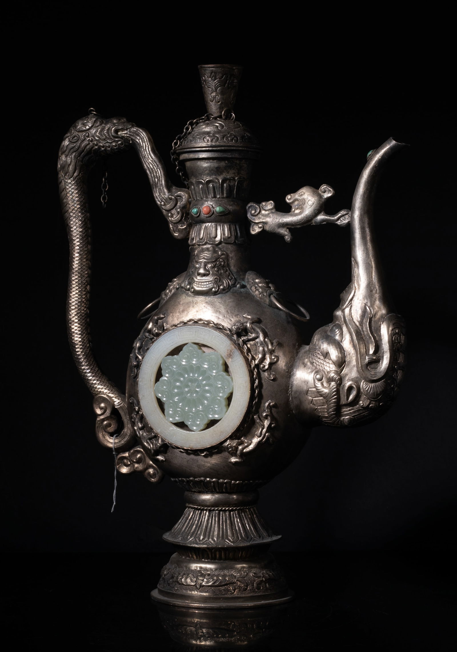 Large Chinese Silver Color Pot Inlaid Jade (1 of 20)