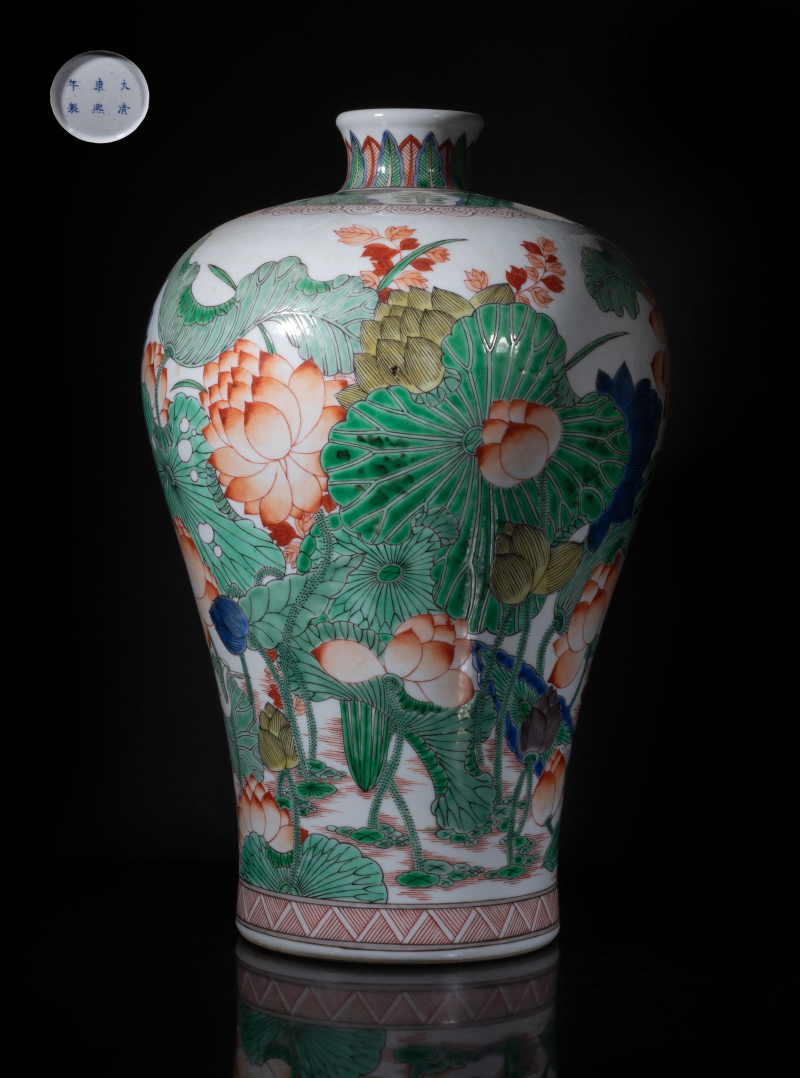 Tall Chinese Wuchai Porcelain Vase: Of tall baluster form with a short waisted neck, painted with egrets in flight and standing by a lotus pond with large lotus leaves and blossoms, around the neck with a band of four stylized
