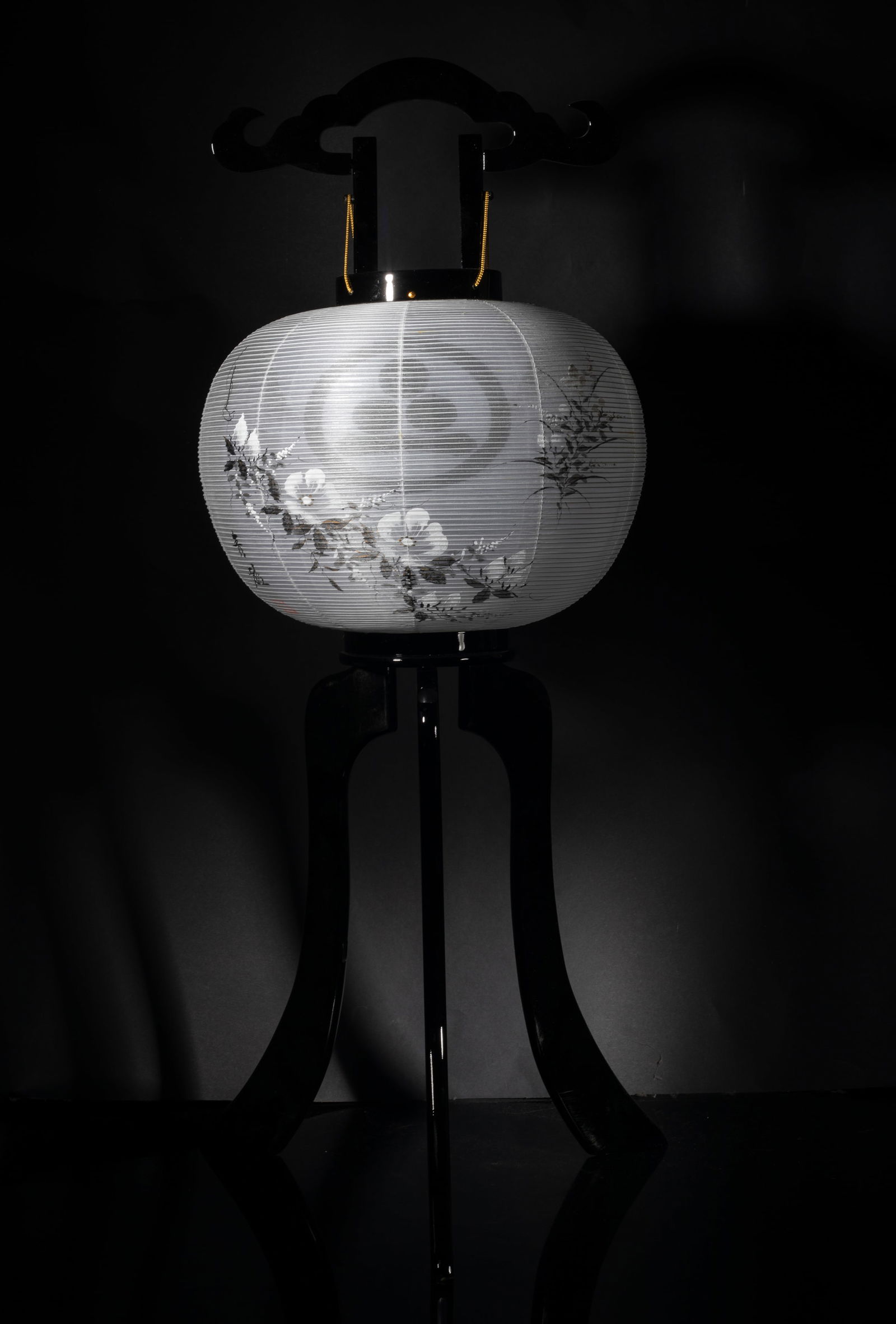 Tall Japanese Lacquer House Decor Light: Tall Japanese style lacquer house decor light painted with flowers. Approx. 36*13.5*13.5 inch (w/ stand).