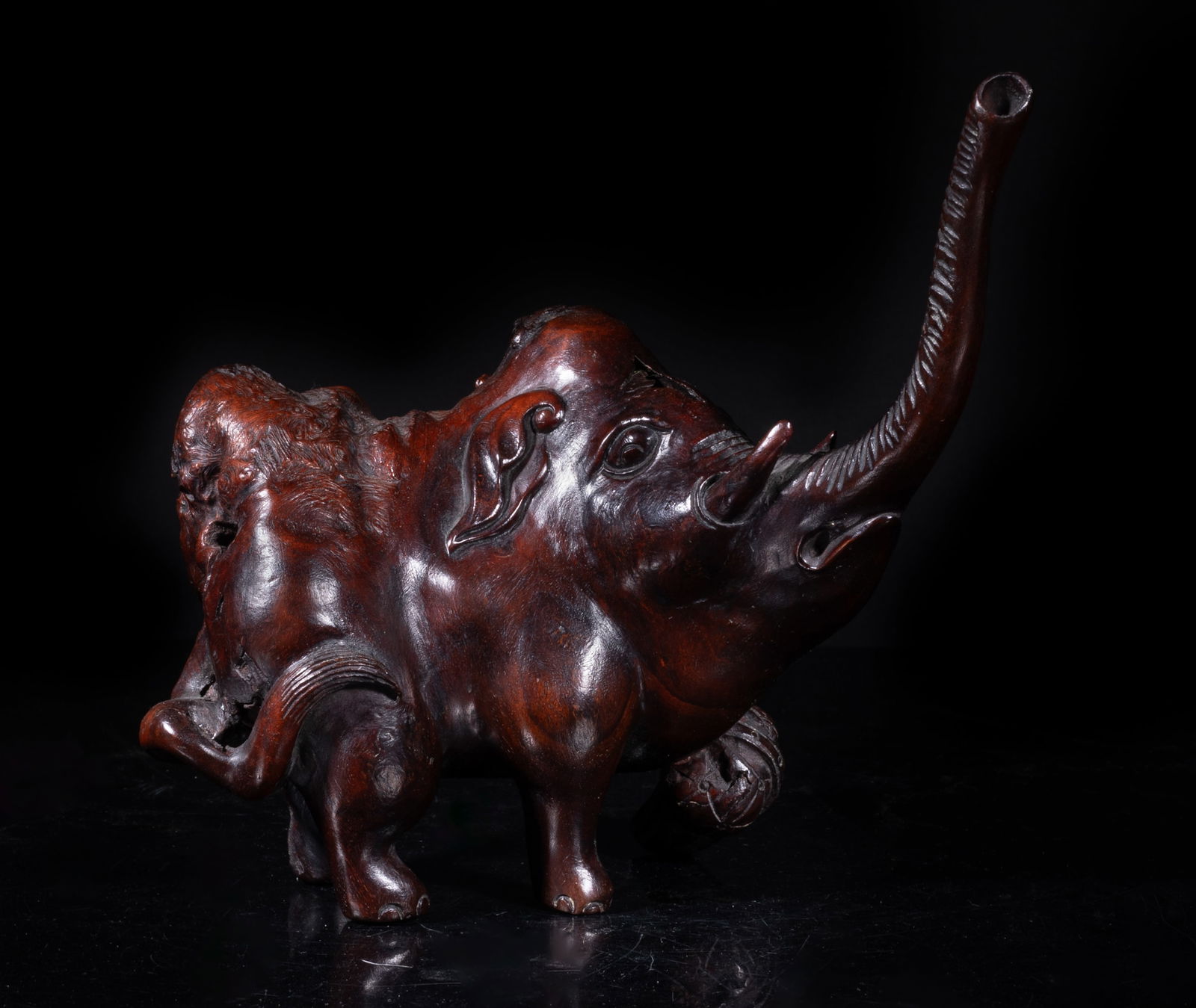 Rare Chinese Root Wood Table Sculpture: Skillfully carved as an elephant with its head turned to the right, the long nose raising upwards, the curled bushy tail swiping over its haunch, the left front foot resting on a beribboned ball. Appr