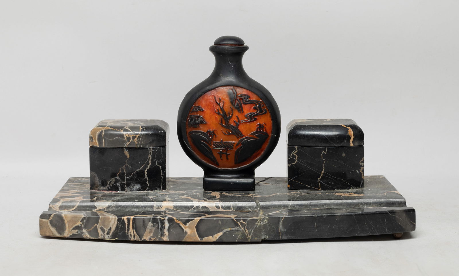 Chinese Export Stone, Marble Writing Wares: Including a stone vase form seal, carved on both sides with landscape scene, and a heavy marble stand. Approx. 12.6*8.3*3.2 inch (marble stand size).