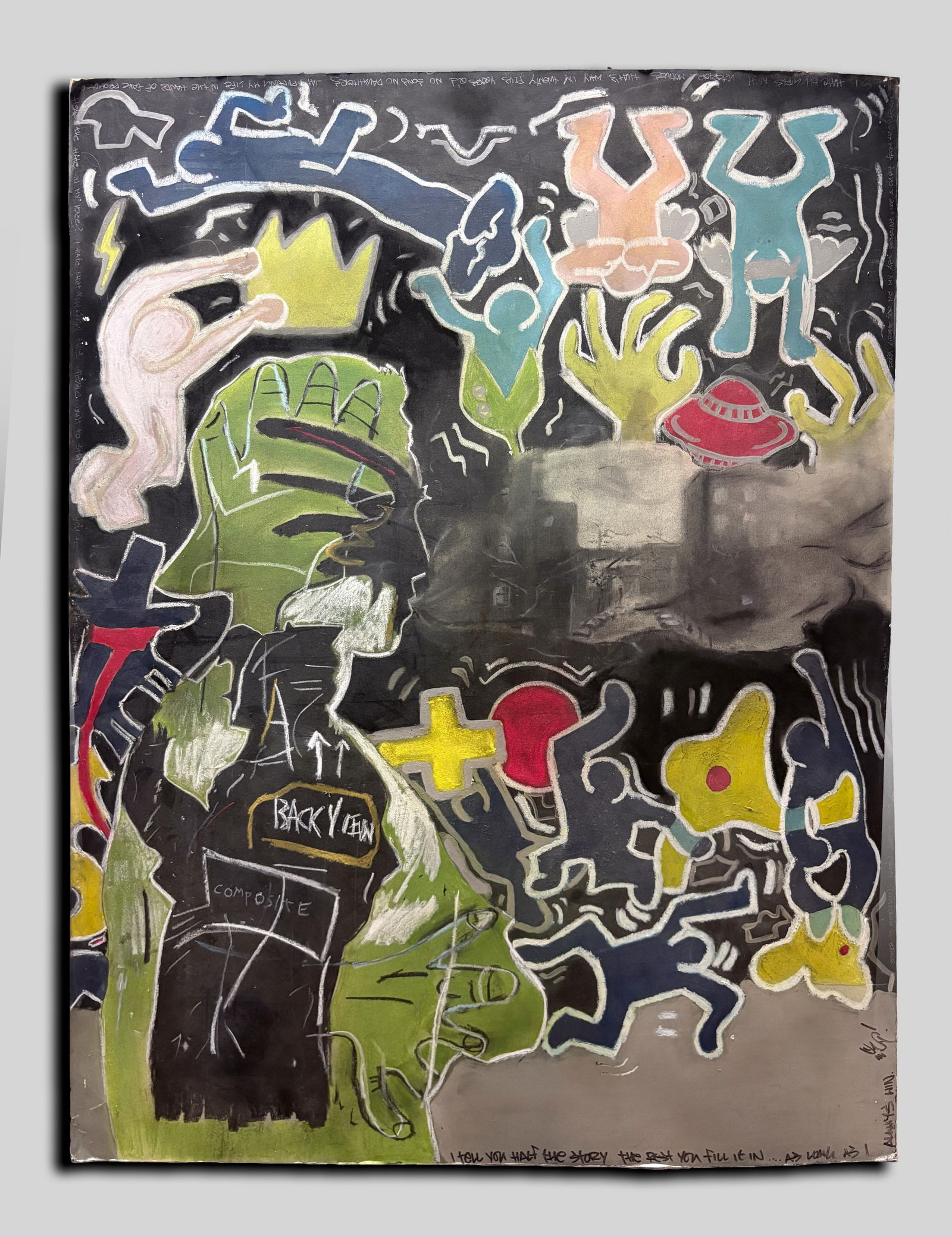 Jean-Michel Basquiat Cartoon-Like Style Painting: Room decor painting of Jean-Michel Basquiat Cartoon like style. Approx. 40.2*30 inch.