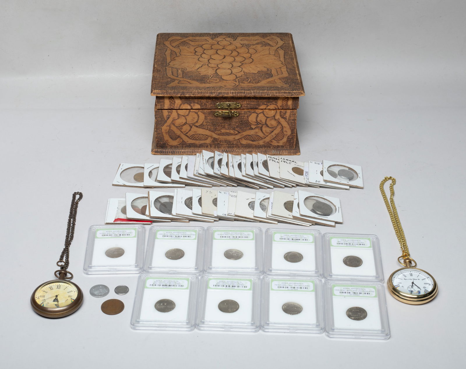 Estate Pocket Watch, Coins Collection: Large set of world coins and two pocket watches, with box. Size varies.