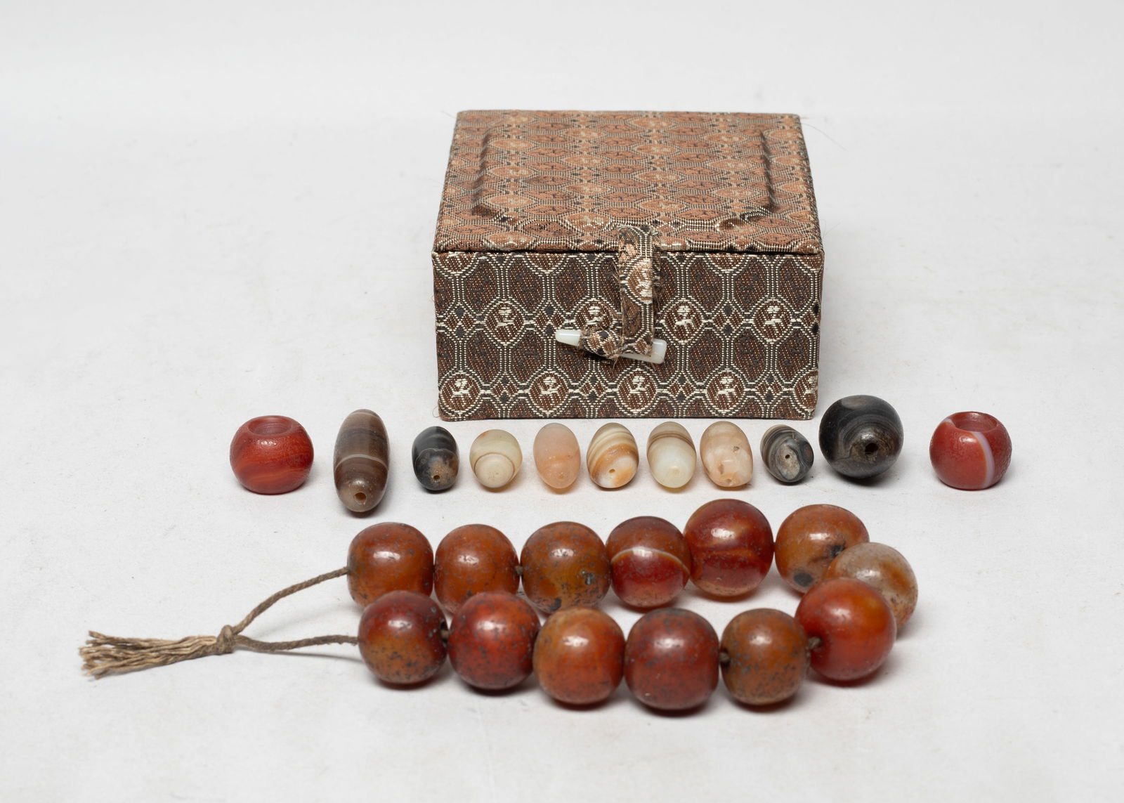 Box of Chinese Loose Beads Collection: Large group of Chinese agate and stone beads, with box. Size varies.