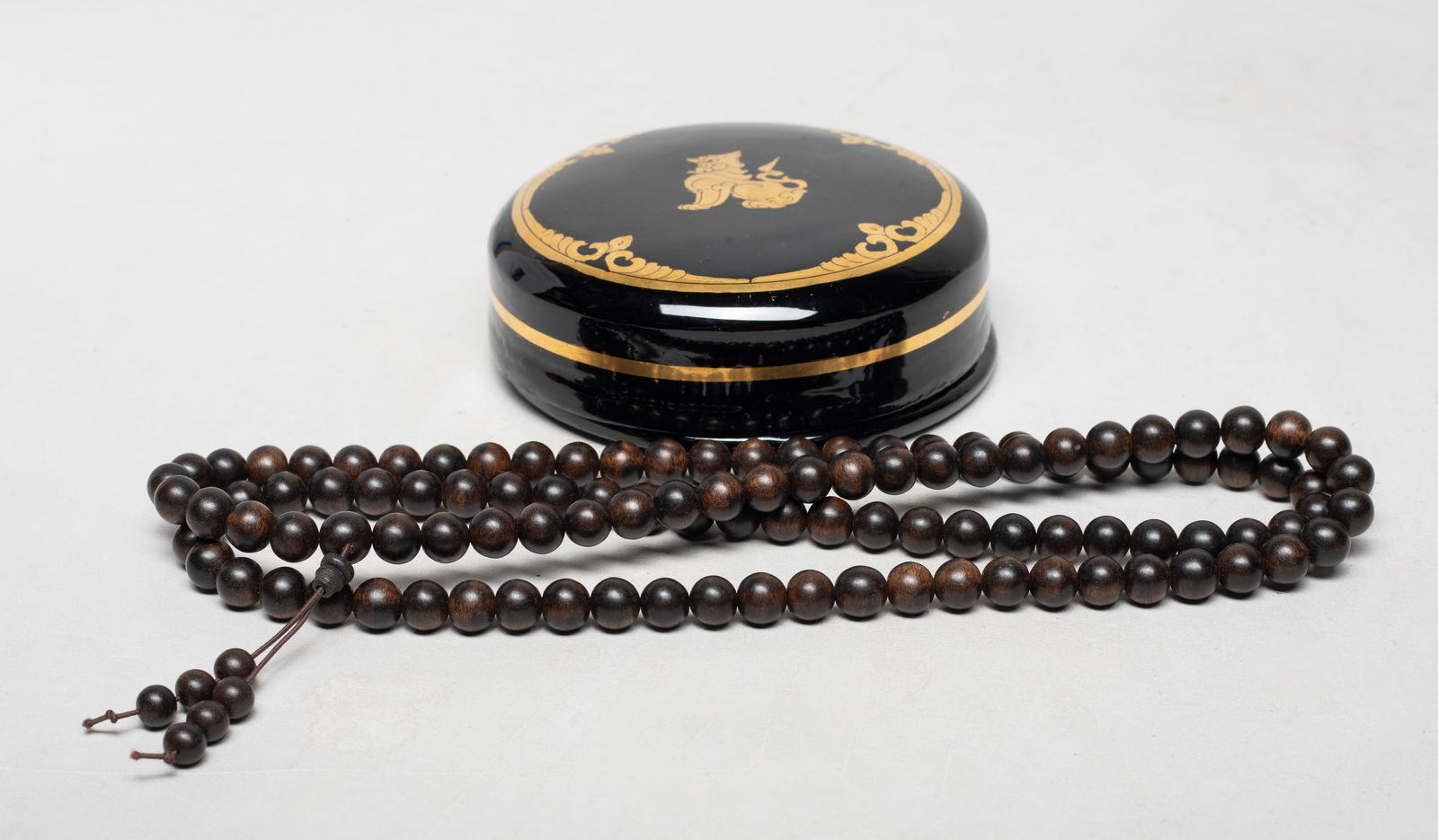 South Asian Agarwood Prayer Beads w/ Box: South Asian agarwood prayer bead necklace, with box. Approx. 53 gram, 40 inch L.