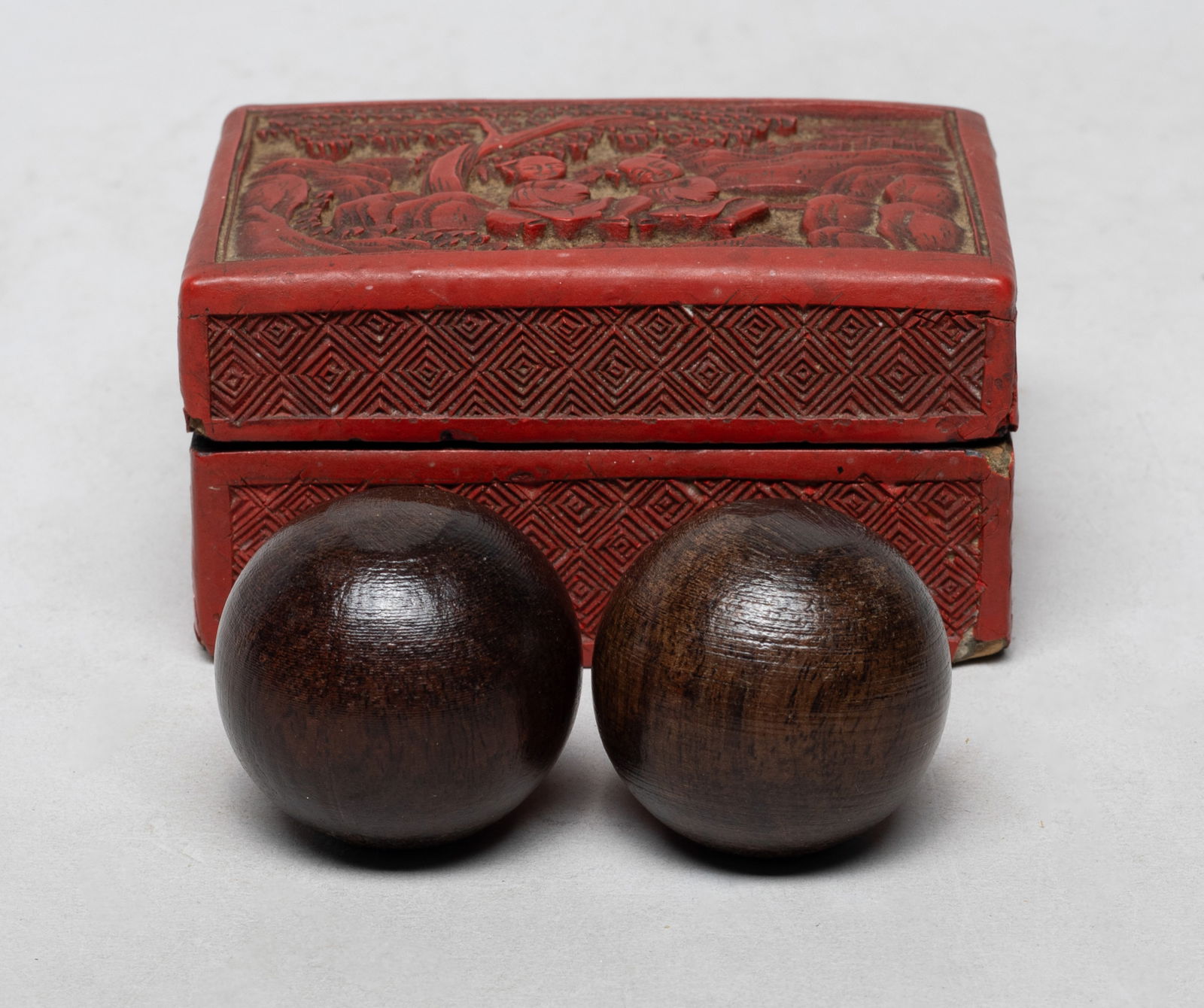 Two Chinese Painted Agarwood Balls w/ Box: Two Chinese painted agarwood balls, with box. Approx. 103 gram (total weight), 1.68 inch D (larger ball size).