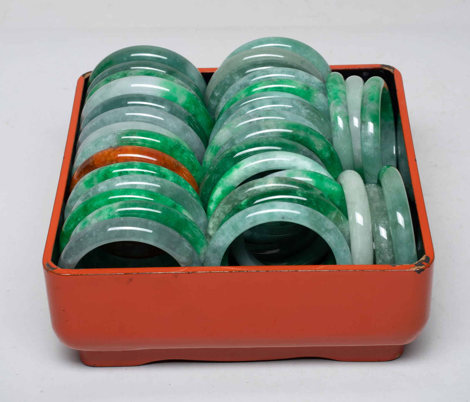 Estate Large Groups Chinese Export Bangles: Large set of Chinese colored stone bangles, with case. Size varies.
