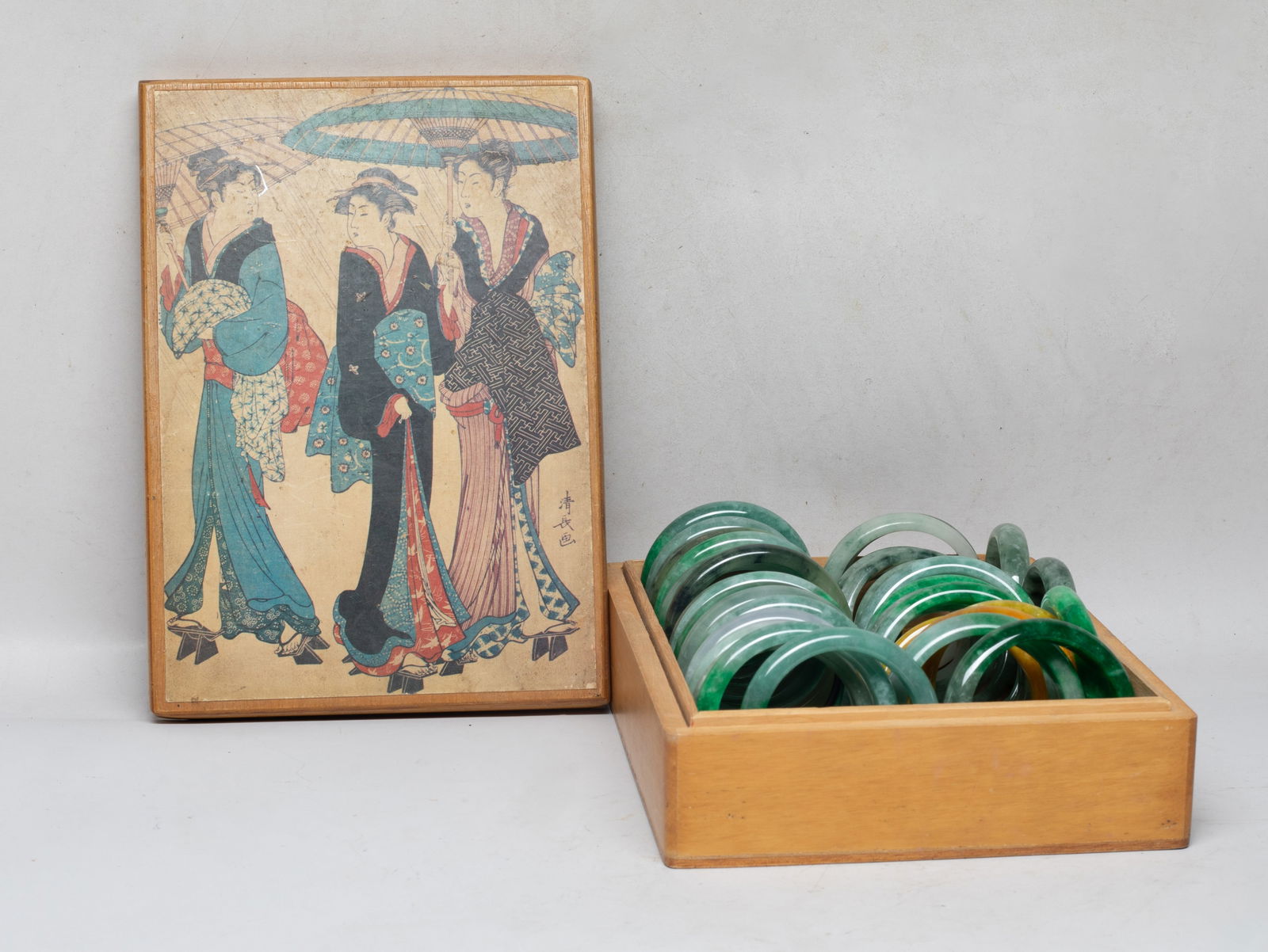 Estate Large Set Chinese Export Bangles: Large set of Chinese colored stone bangles, with box. Size varies.