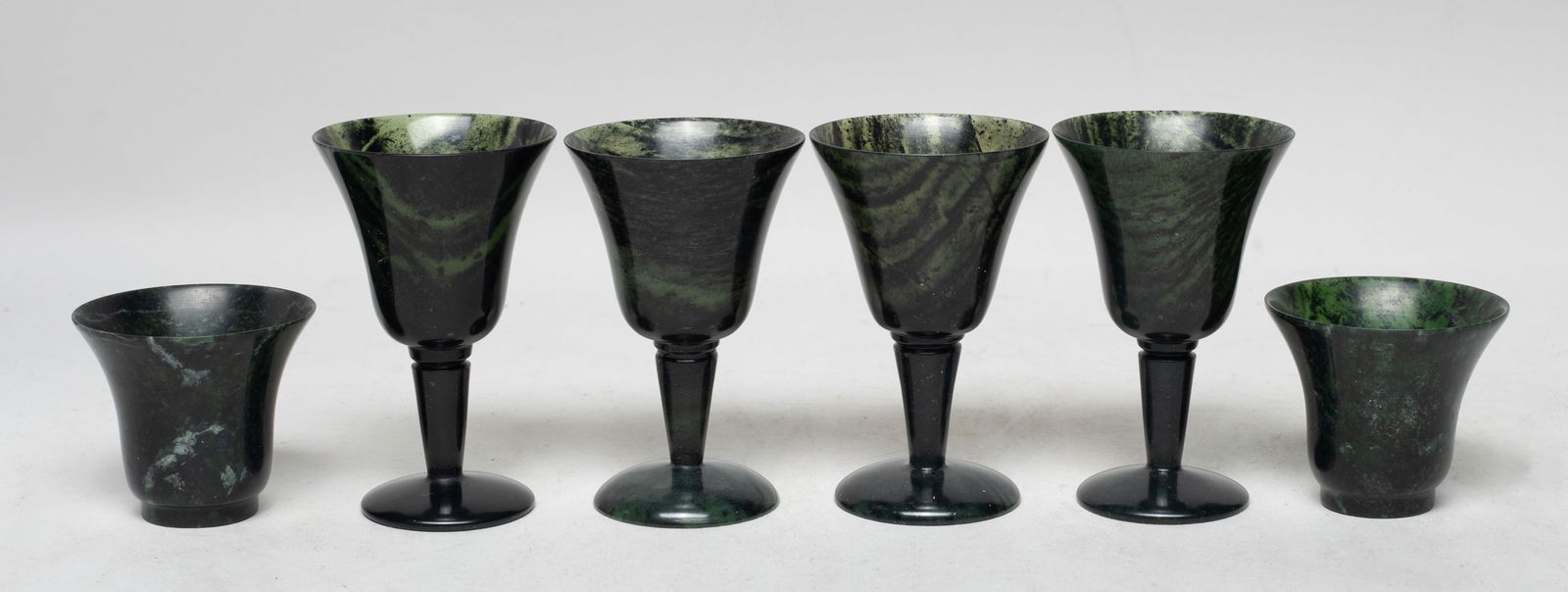 Set Chinese Spinach Jade Cups: Set of six Chinese crispy spinach jade carved cups. Approx. 3.2*2 inch (larger).