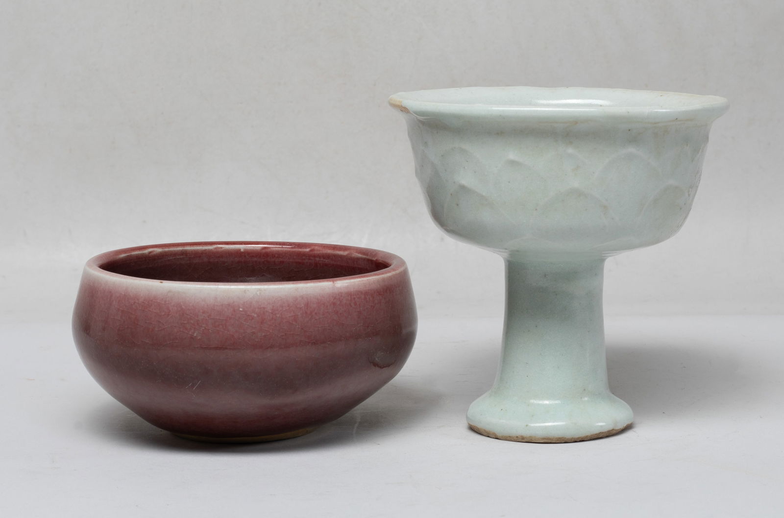 Chinese Export Porcelain Tall Cup & Censer: The tall cup overall covered with mottled creamy glaze, the cup body carved in low relief with overlapping petals, the censer covered with mottled dark red glaze. Approx. 4.3*4.2 inch (cup size).