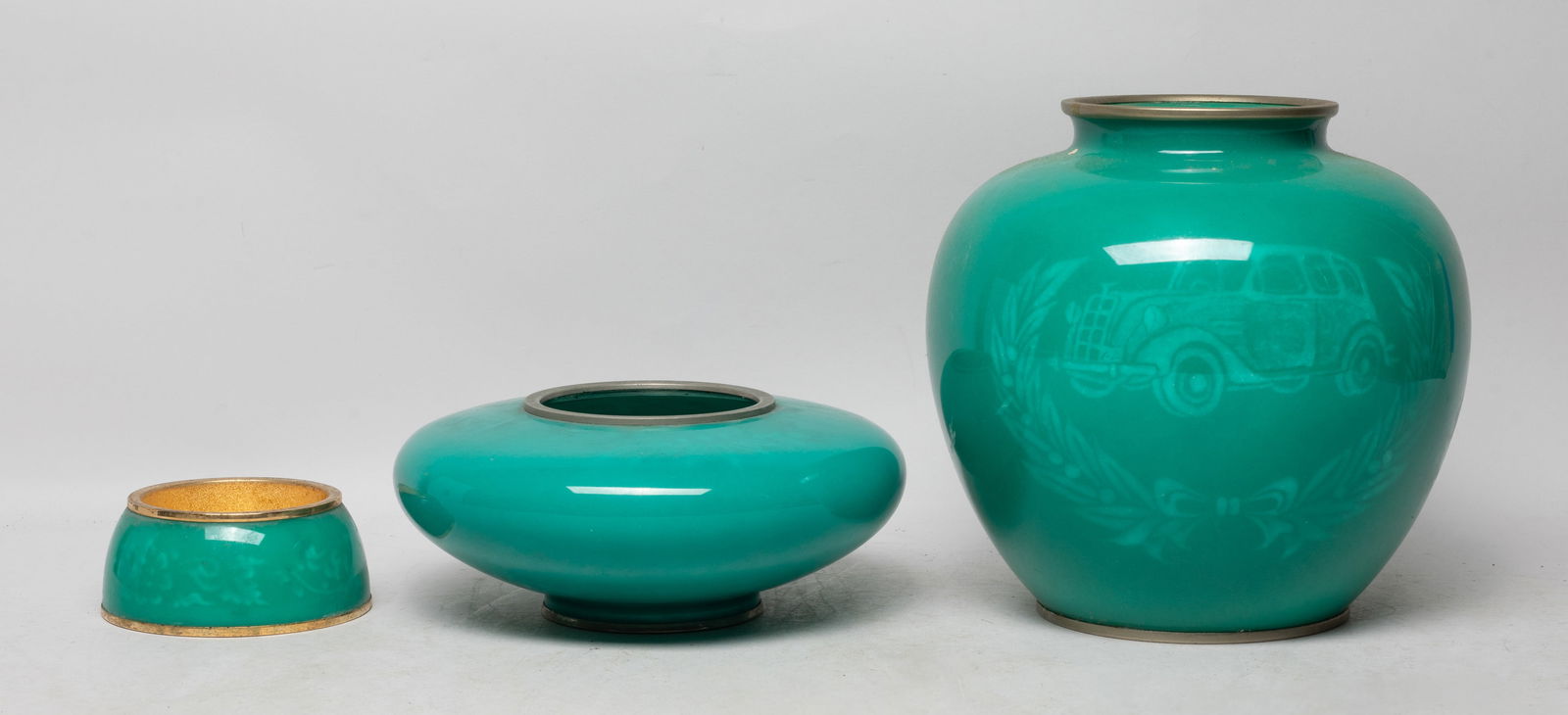 Set Vintage Japanese Cloisonne Wares: Set of three vintage Japanese green-color cloisonne ware, including a vase, a washer, and an ashtray. Approx. 7.2*7.5 inch (vase size).