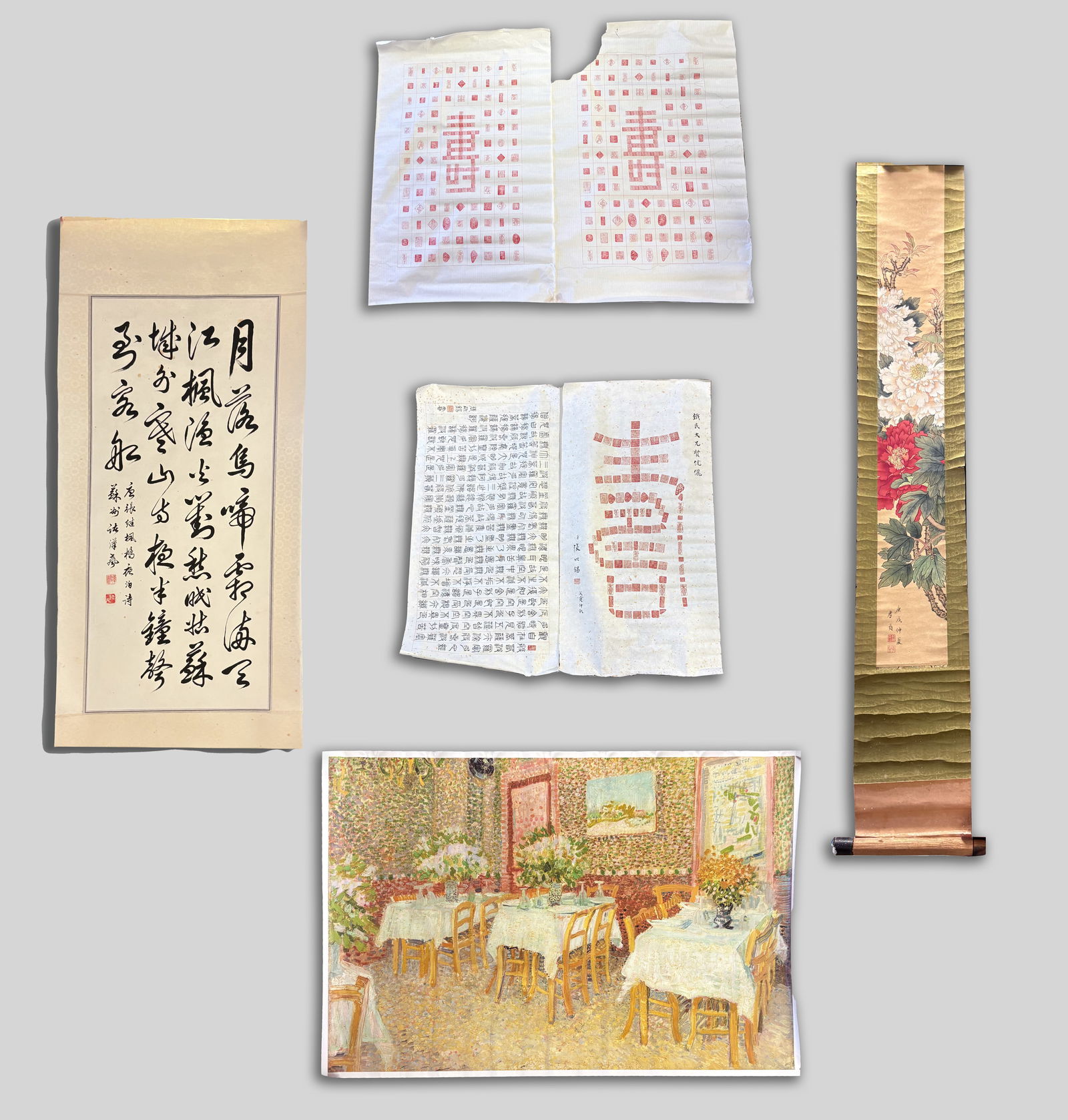 Set Vintage Chinese Paintings, Poster: Including a Chinese painting, three calligraphy, and a vintage poster. Size varies.