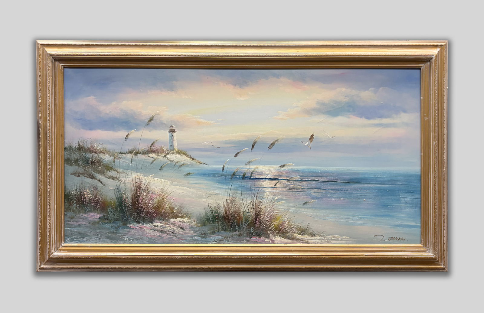 Vintage Living Room Oil Painting: Large vintage wall hanging oil painting, framed, depicting a beach scene. Approx. 54.8*30.8 inch (frame size).