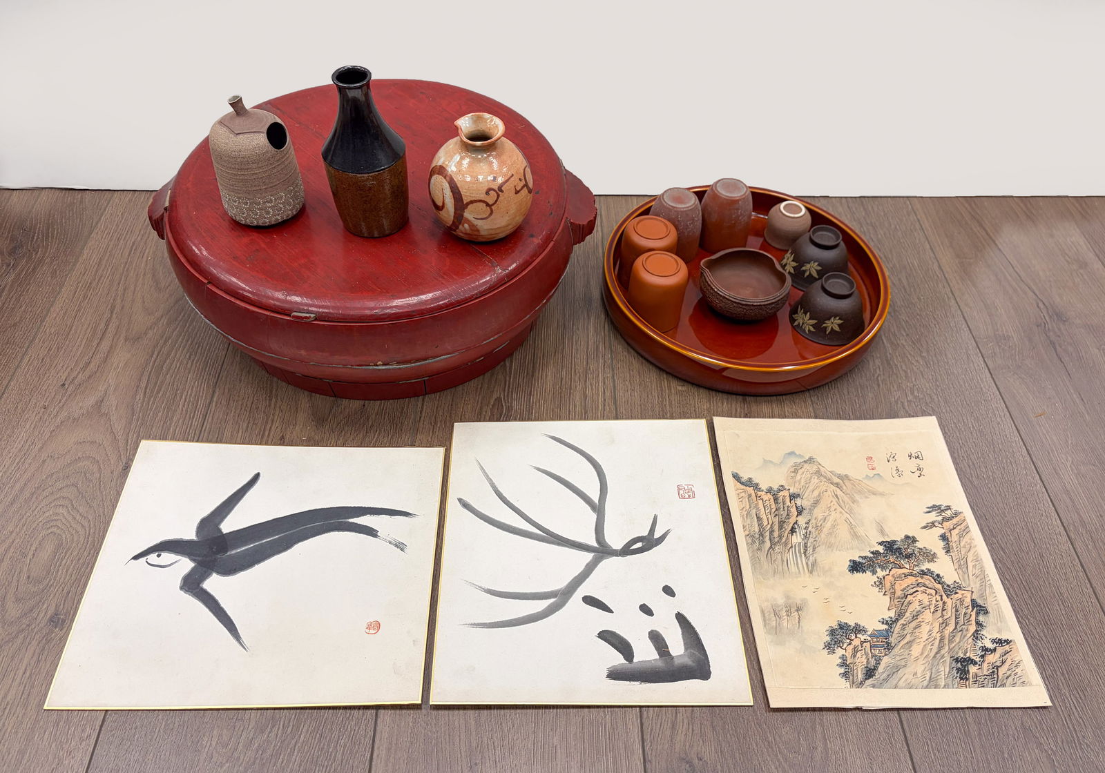 Estate Vintage Asian Paintings, Porcelains: Collection of Asian water color paintings, porcelain bottles and cups, with box. Approx. 15*6 inch (box size).