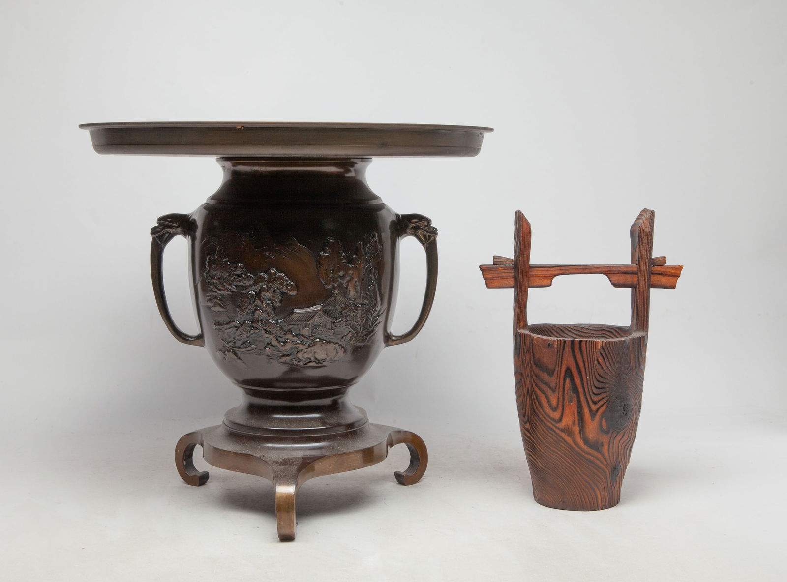 Vintage Large Japanese Bronze Vase: Vintage large Japanese bronze vase, the vase body carved with landscape scene. Approx. 12.9*18.5 inch.