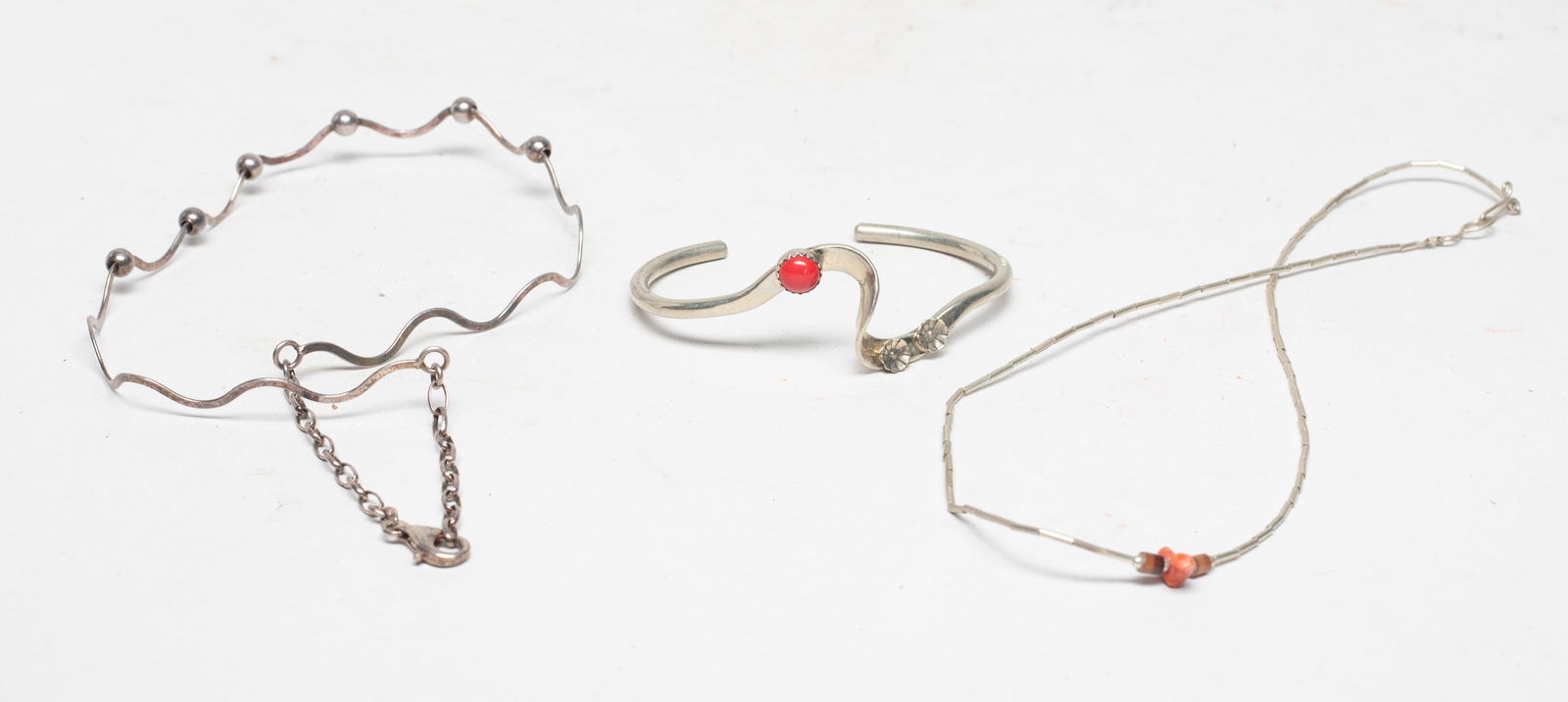 Vintage Designed Silver Necklaces, Bangle: Including a bangle and two choker necklaces. Approx. 22 gram (total weight), 15 inch L (longer necklace).