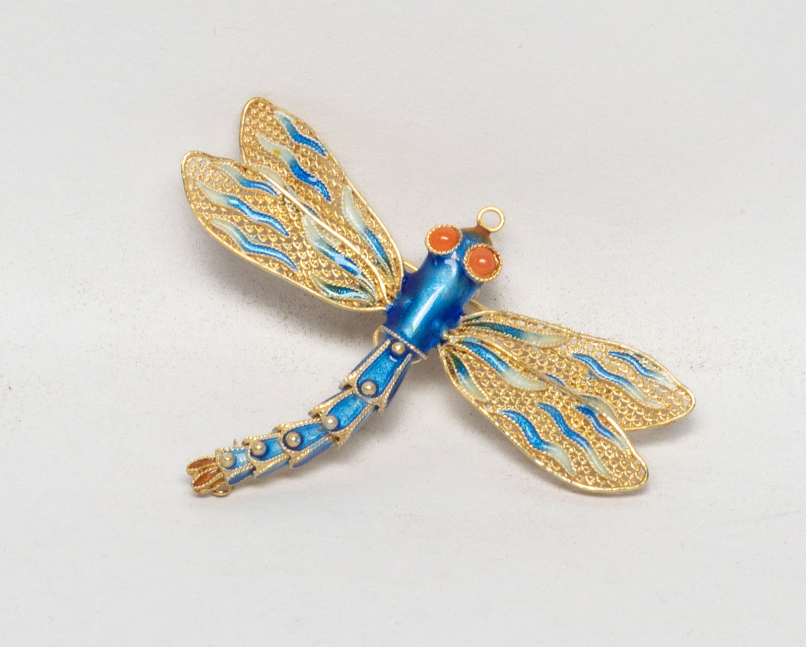 Vintage Chinese Gold on Sterling Silver Pin: Chinese enameled gold on sterling silver brooch of dragonfly form. Approx. 5.2 gram, 2.07*1.5 inch. The Estate of Store Moving Sale, Downtown Los Angeles. 2025.