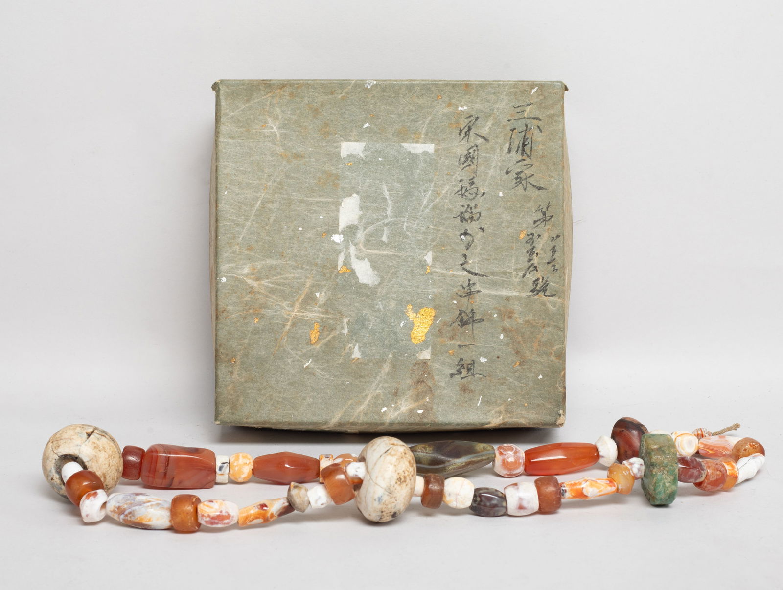 Estate Chinese Cameo Agate Necklace: Special Chinese cameo agate and stone carved chunky bead necklace, with box. Approx. 20 inch L. The Estate of the Store Closed Sale, Korean town, Los Angeles. 2022.