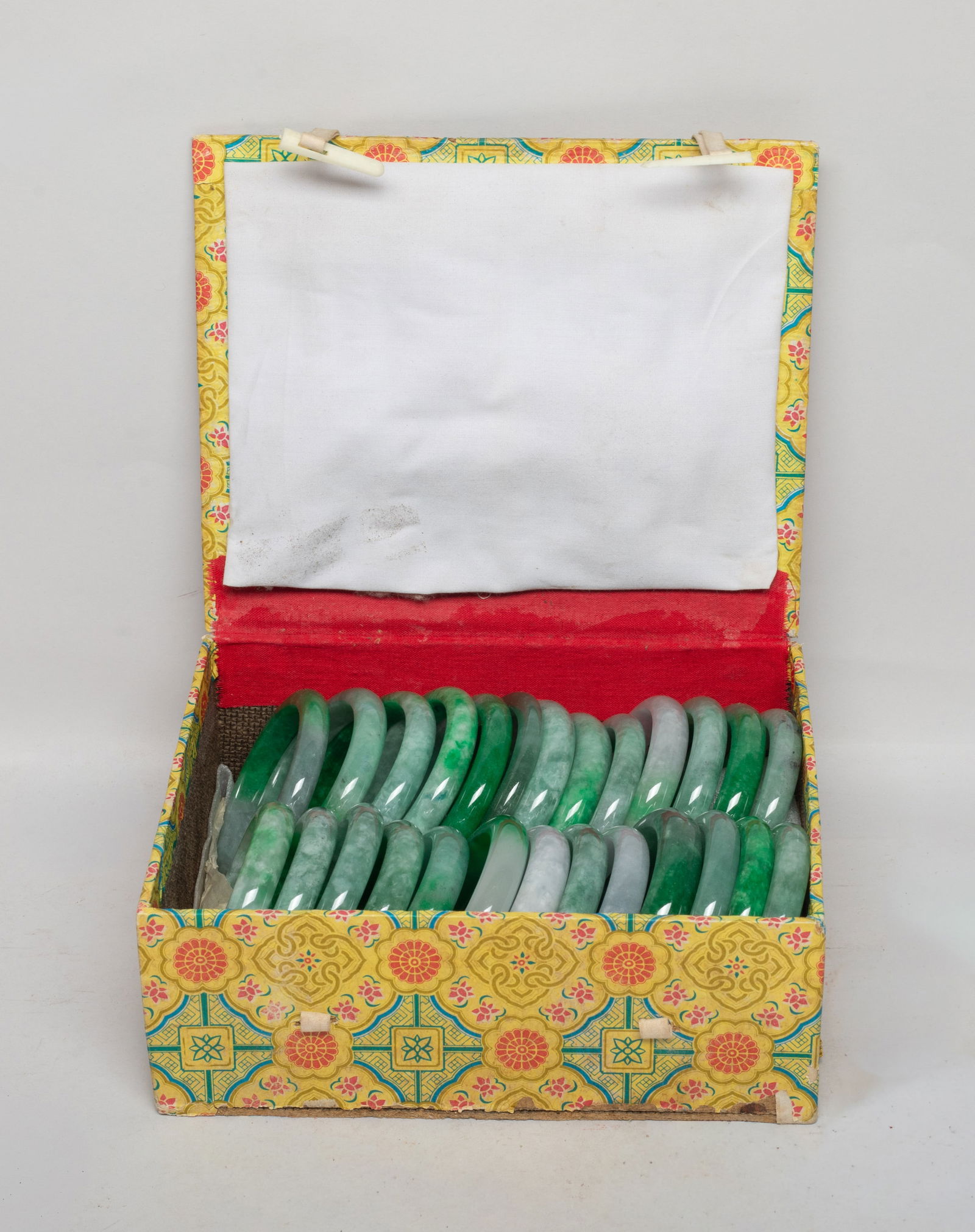 Estate Large Set Chinese Export Bangles: Large set of Chinese colored stone bangles, with box. Size varies.