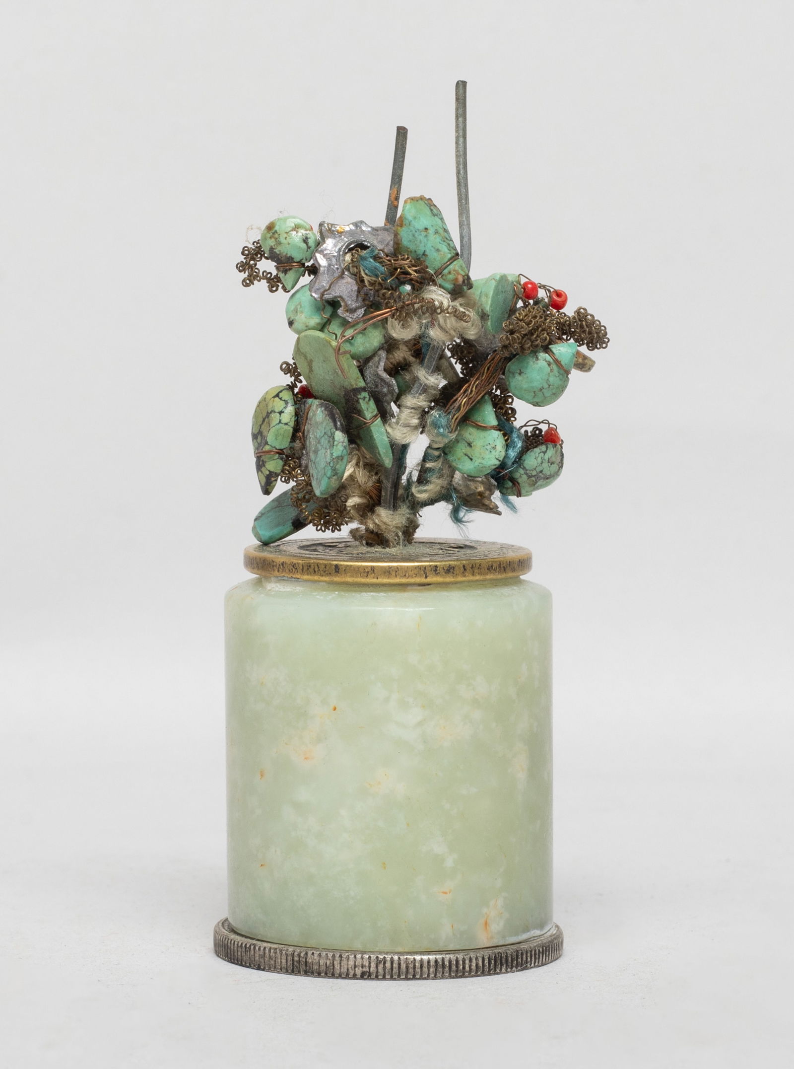 Chinese Export Jade, Stone Bonsai: The jade base of cylindrical shape, with metal top and bottom, with carved stone forming flower branches. Approx. 3.8*1.5 inch. The Estate of the Store Closed Sale. Little Tokyo. CA. 2023.