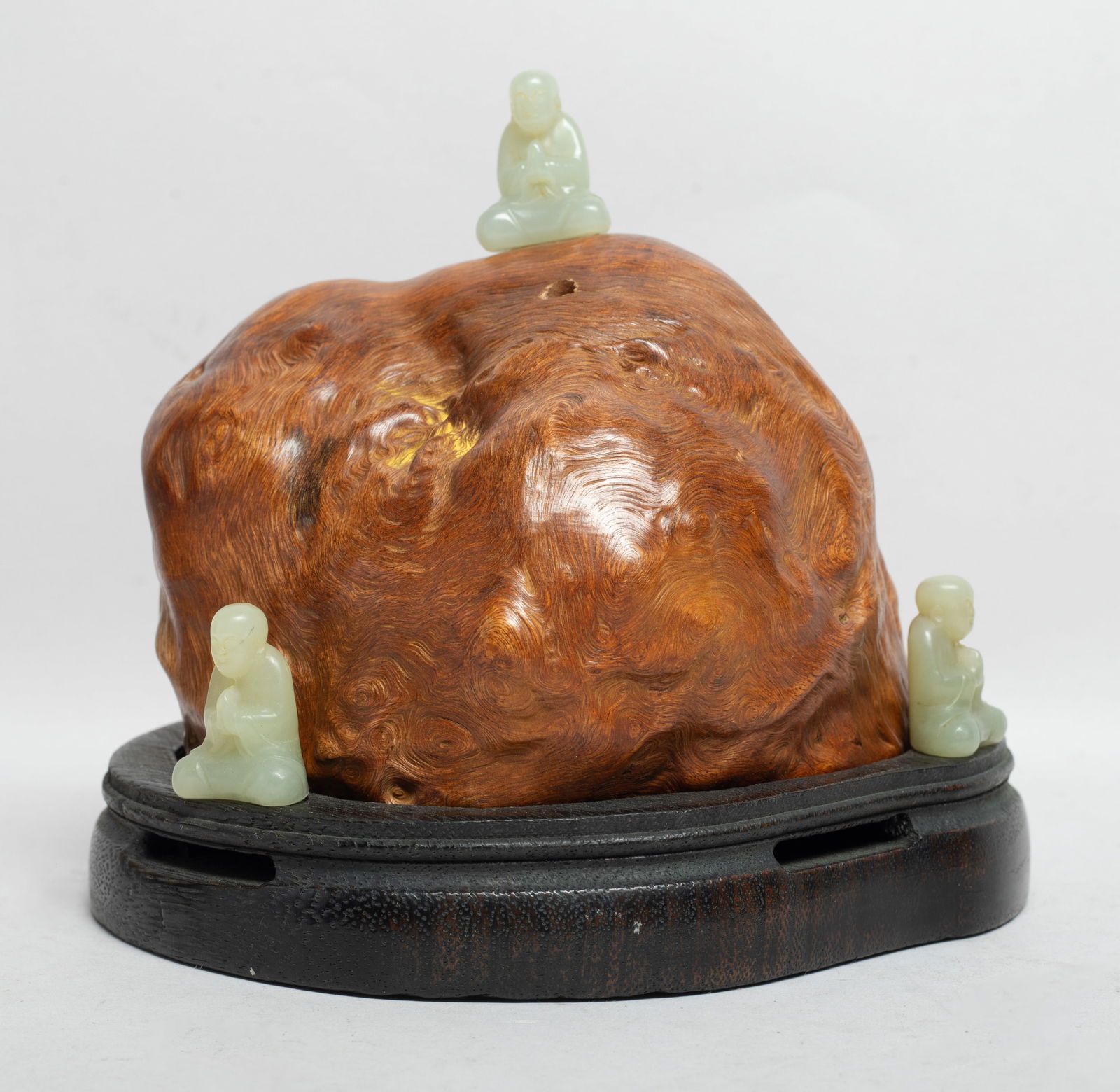 Estate Chinese Root Wood, Jade Censer: Chinese root wood censer, decorated with three pale celadon jade sculptures carved of seated Buddha form. Approx. 5.6*6.2*6.2 inch. The Estate of the Heritage & Moving Sale. Pasadena, CA, 2025.