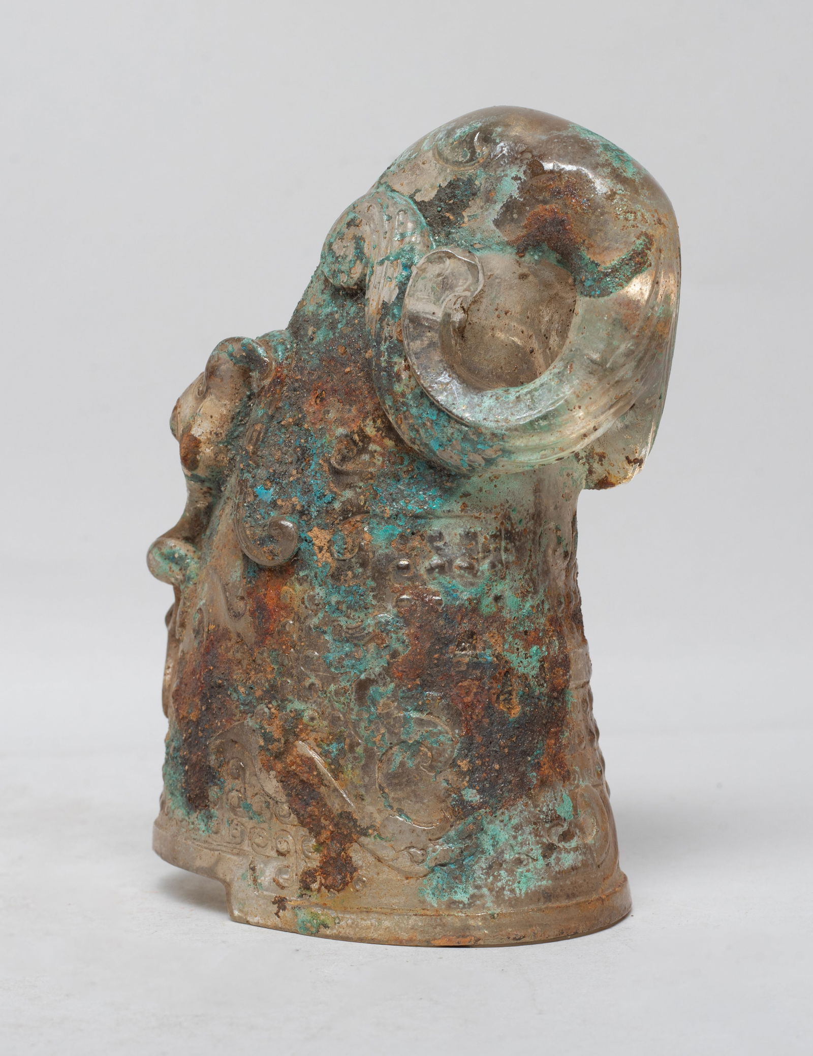 Rare Chinese Glass Libation Cup: Chinese archaistic form glass libation cup, carved with a chi dragon and a bird against a ground suffused with raised spirals. Approx. 5*3.4*2.3 inch. The Estate of S Pasadena, CA, 2023.