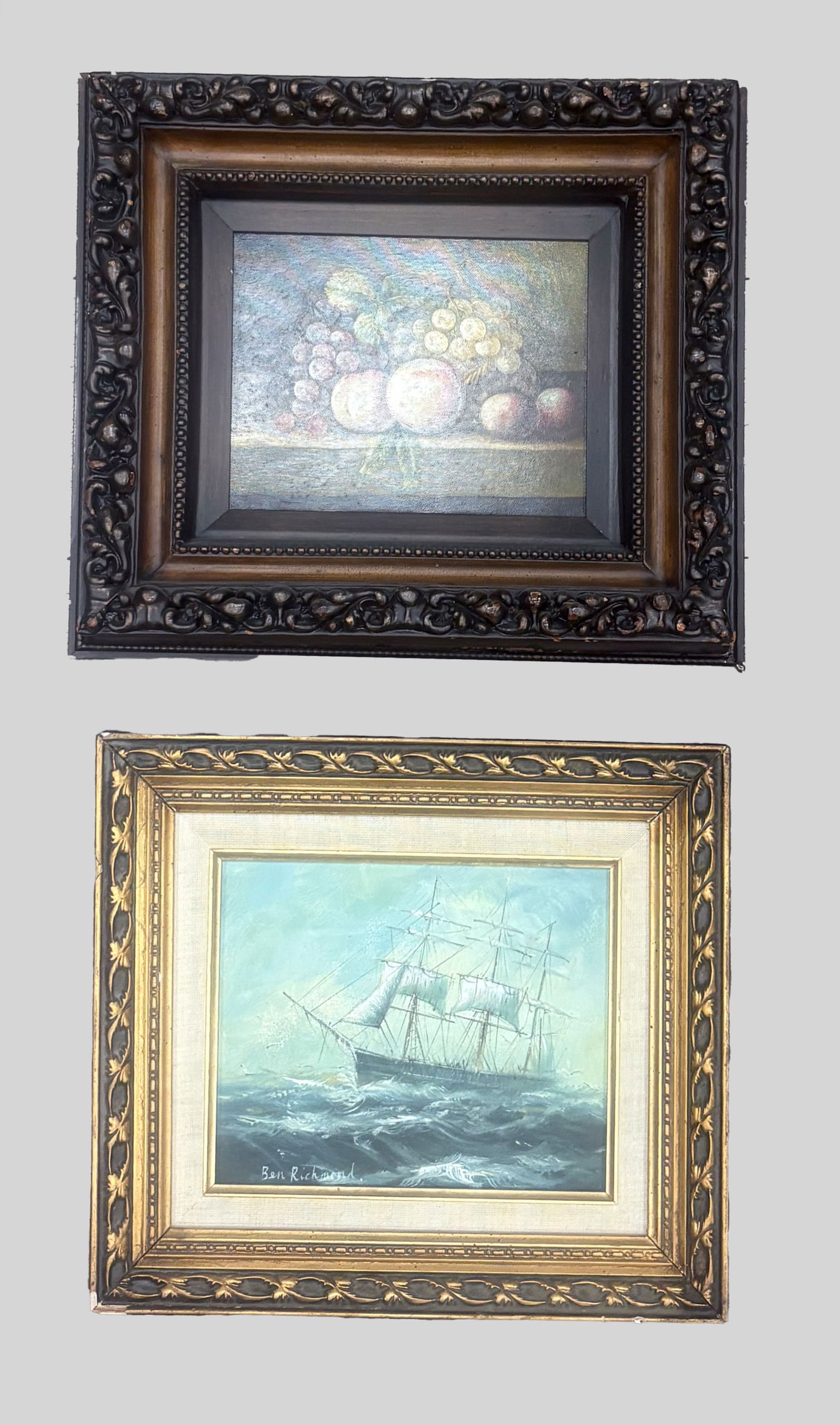 Two Vintage Framed Oil Paintings: Two vintage framed oil paintings depicting fruits or boat. Approx. 17.7*15.5 inch (larger w/ frame).