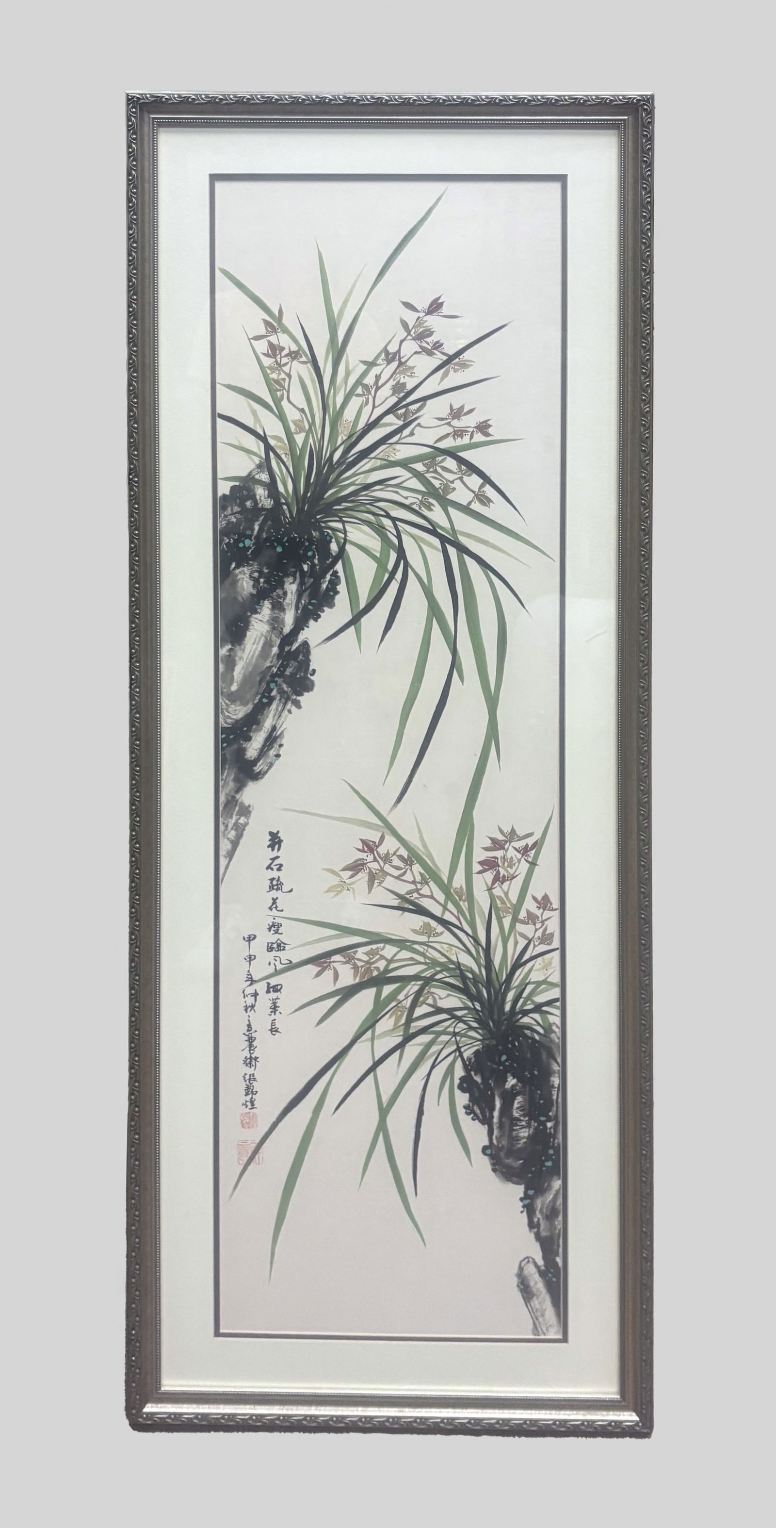 Estate Vintage Chinese Water Color Painting: Vintage framed Chinese watercolor painting of orchid, with inscription. Approx. 53.7*20.2 inch (frame size).
