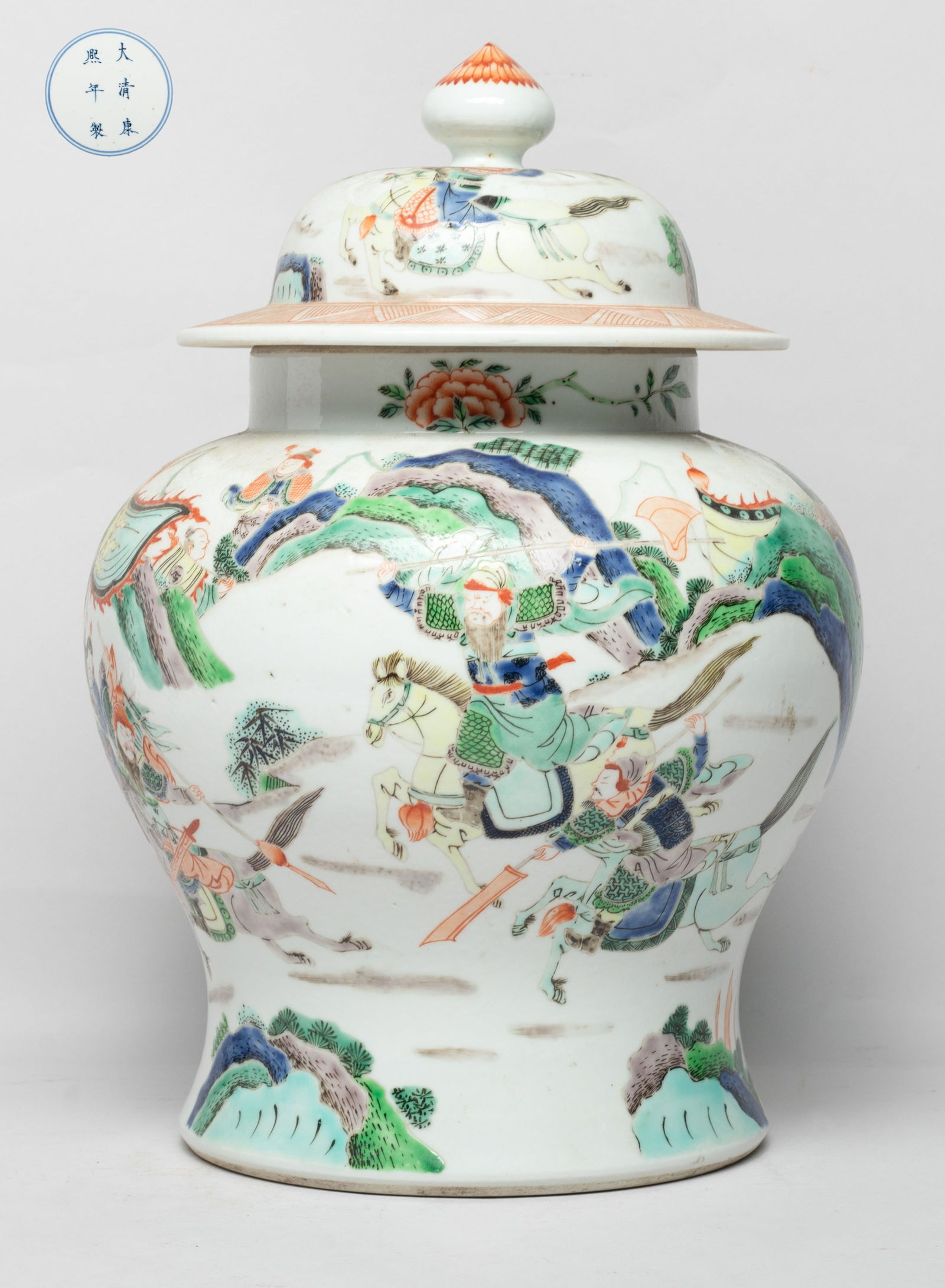 Large Chinese Wuchai Porcelain Jar: Of waisted ovoid form, the body exterior the lid painted with continuous figural battle scene, the bottom marked with six characters enclosed in double circles. Approx. 12.4*8.5 inch.