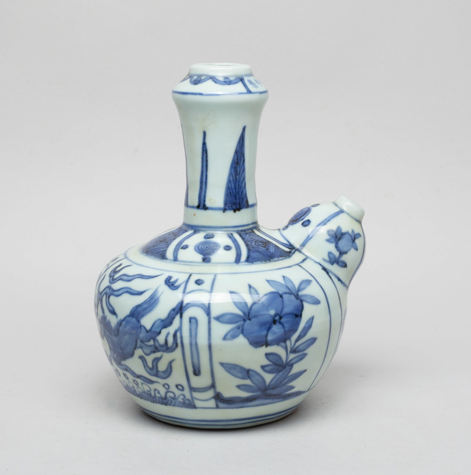 Chinese Blue & White Porcelain Temple Pot: The ovoid body decorated with panels of flowers or horses, the neck with upright leaves, marked with six characters around the mouth. Approx. 8.5*6.5*6 inch.