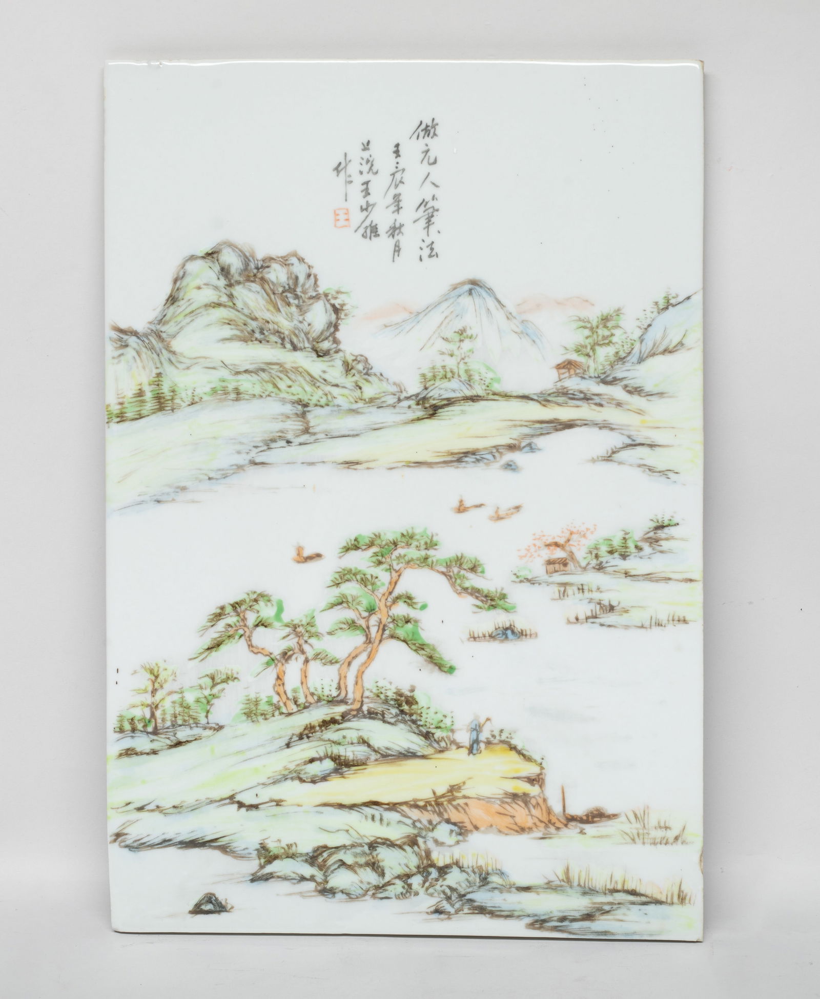 Chinese Famille Rose Porcelain Plaque: Of rectangular shape, painted with riverbank landscape scene, inscribed with related passages. Approx. 14.5*9.8 inch.