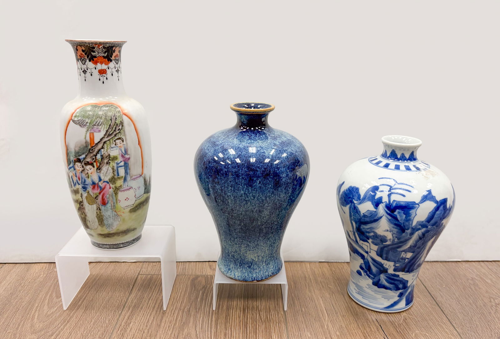 Set Vintage Chinese Export Porcelain Vases: Set of three porcelain vases, one vase painted with figural scene, the bottom with a seal mark, one painted with landscape scene, the other covered with blue glaze suffused with milky blue streaks. Ap