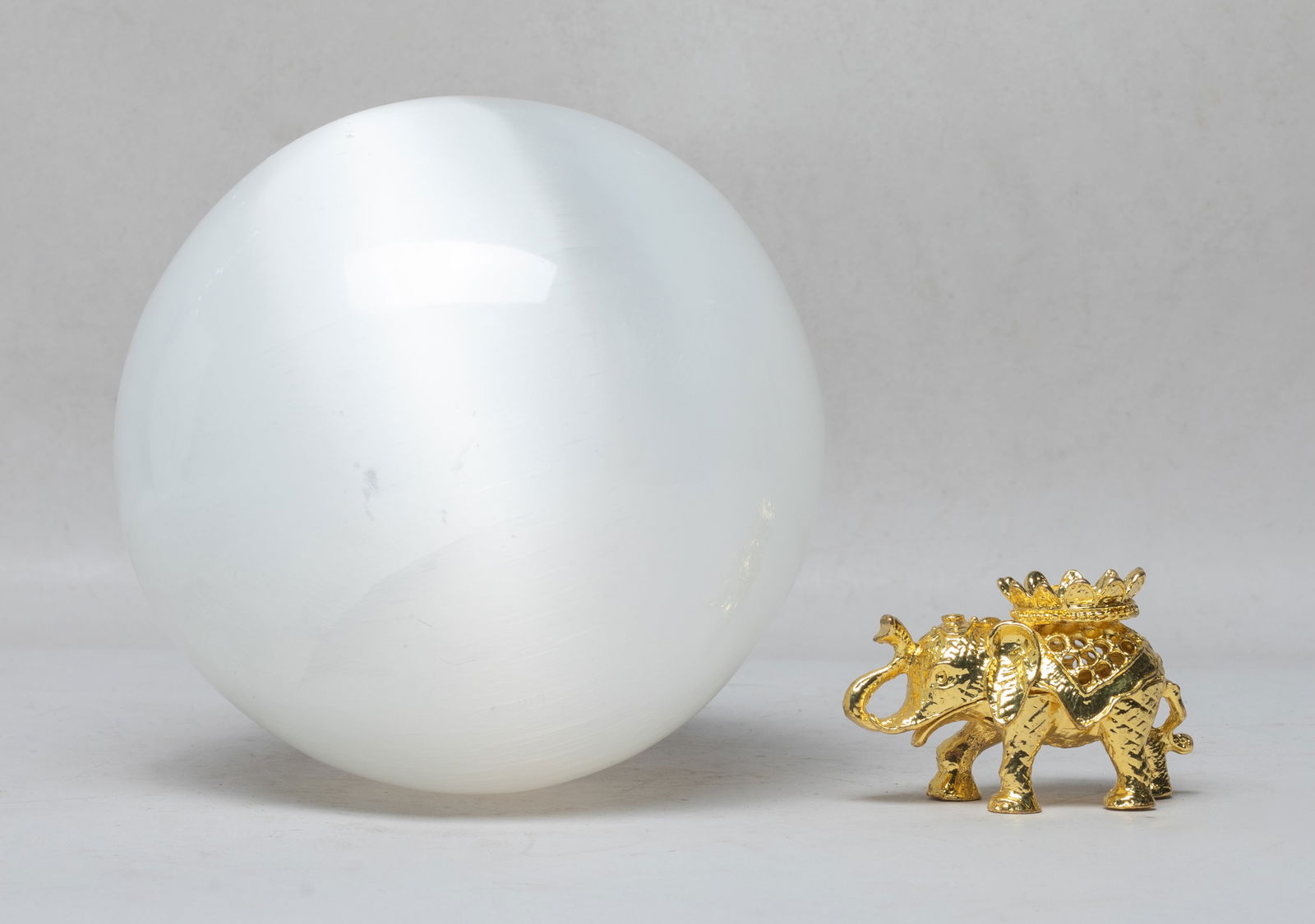 Large Gemstone Ball w/ Stand: Large heavy white gemstone ball sculpture, with stand. Approx. 5.4 inch D (w/o stand).