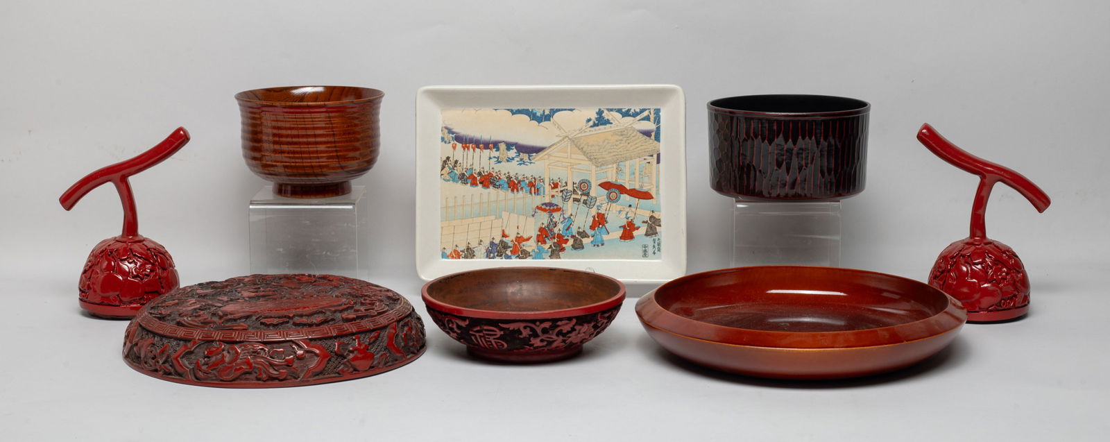 Set Chinese, Asian Export Wares: Including four plates, two bowls, and two fruit pedicle form lids carved with gourd vines. Approx. 8.2 inch D (largest plate). The Estate of the Store Closed Sale, Downtown Los Angeles. 2024.