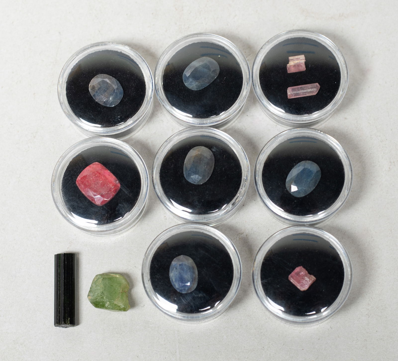 Set Tourmaline/ Gemstone Collections: Group of tourmaline and gemstone pieces, with cases. Size varies.