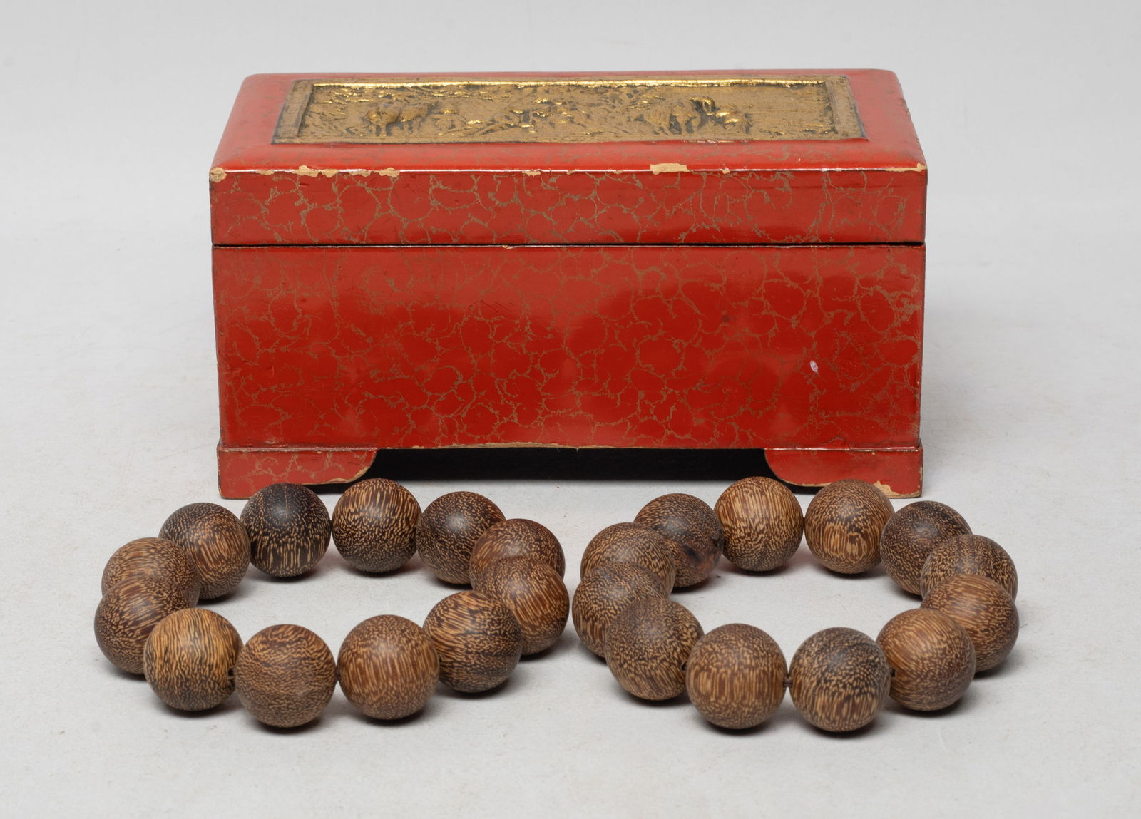 Two South Asian Agarwood Prayer Beads: Two strings of South Asian agarwood prayer beads, slightly fragrant, with box. Approx. 100 gram (total bead weight), 0.8 inch D (largest bead size)