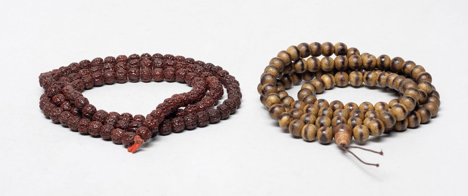 Chinese Agarwood, Seed Bead Prayer Beads: Long strings of Chinese agarwood prayer beads and seed prayer beads. Approx. 42 inch L (longer string size).