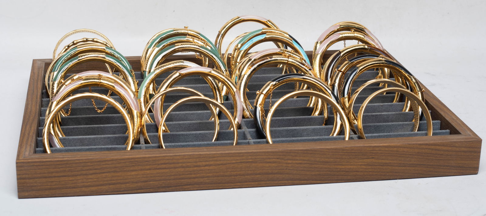 Estate Large Set Chinese Export Bangles: Large set of Chinese bangles, some decorated with stone, with tray. Size varies.