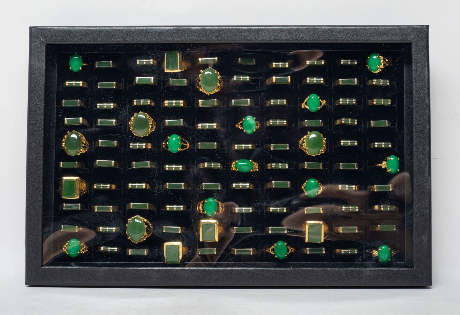 Vintage Chinese Export Gold Plated Rings: Large set of Chinese export gold-plated rings, with case. Size varies.