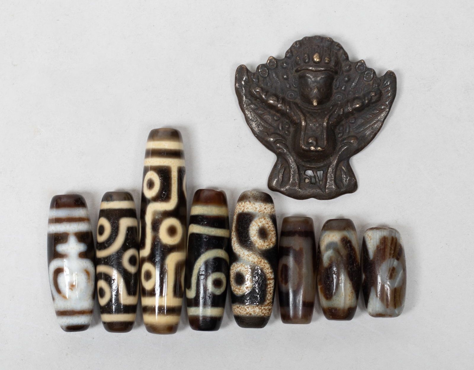 Estate Set Chinese Export Beads: Including seven Chinese beads and a metal cast Buddha pendant. Approx. 2.23 inch L (largest bead size).